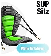 Le texte indique « SUP Sitz » et « Mehr Erfahren ». Siège de paddleboard avec segments de rembourrage vert vif et dossier en maille noire, avec sangles de fixation.