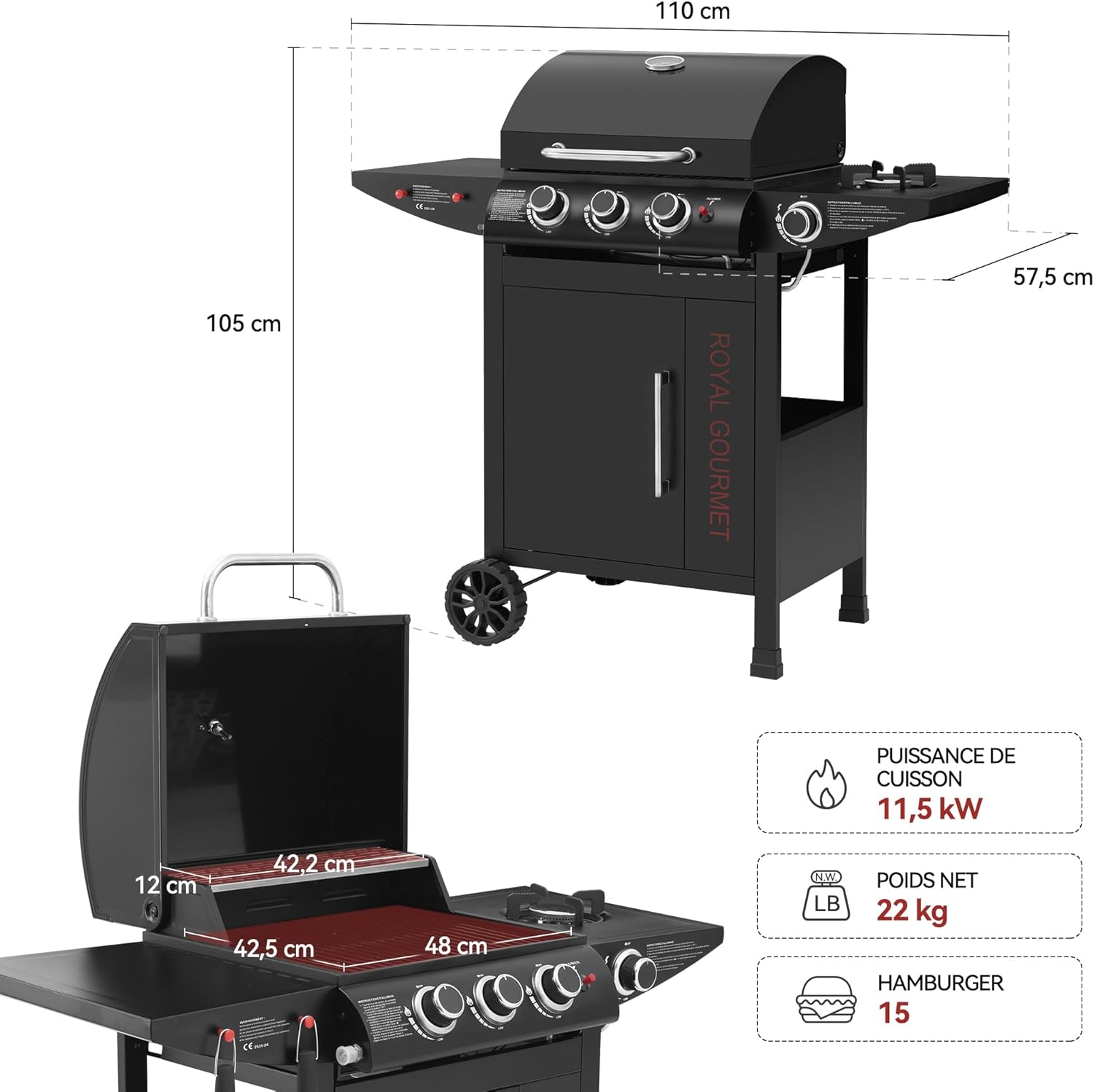 Royal Gourmet - barbecue gaz 3+1 brûleurs inox - 11,5 kW - chariot, 2 roues, thermomètre