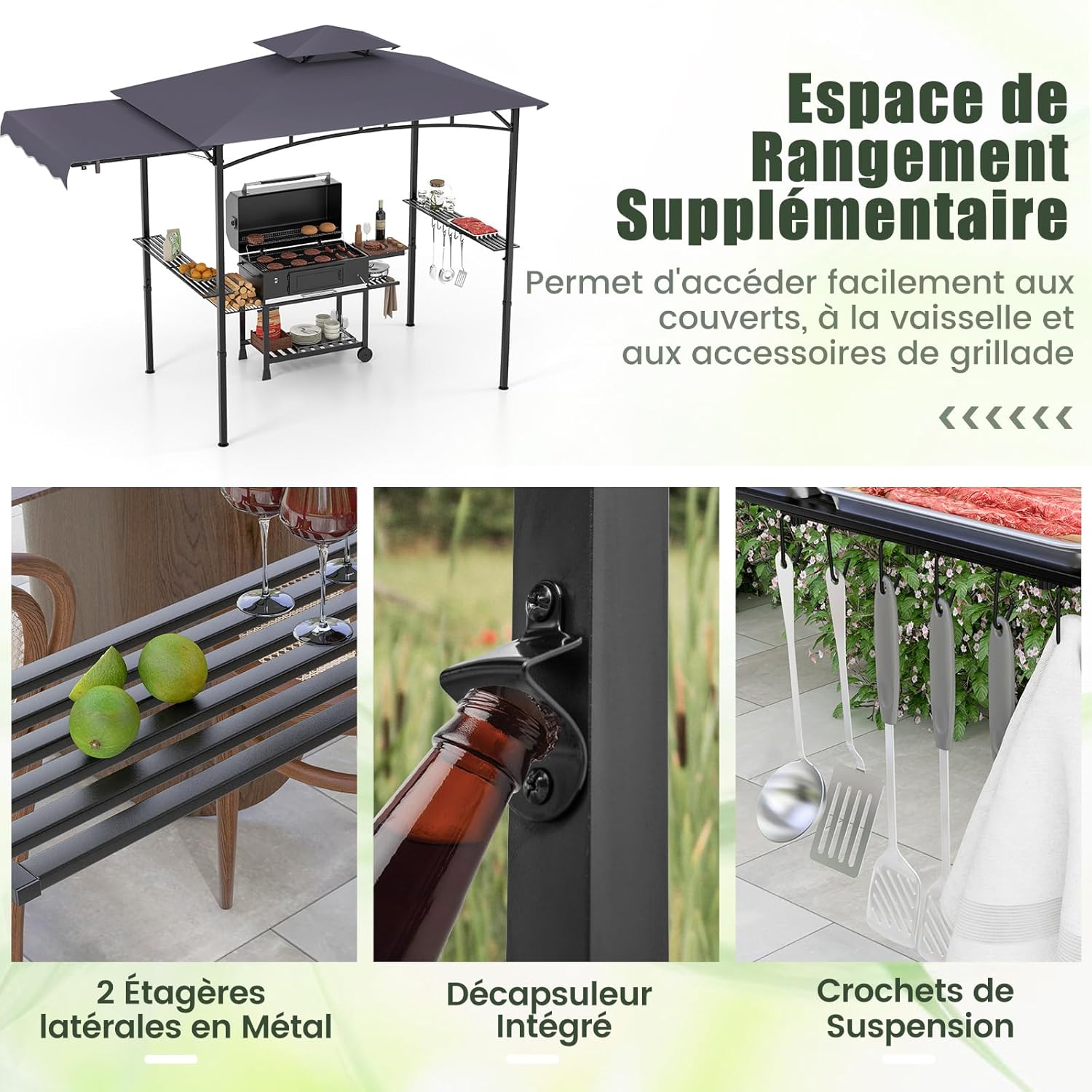 GOPLUS Tonnelle pour Barbecue avec Auvent Latéral, Abri Barbecue Extérieur avec Dessus à 2 Niveaux, Crochets, Décapsuleur, Dessus Souple, pour Jardin, Cour (242+84x126x250CM|Gris Foncé)