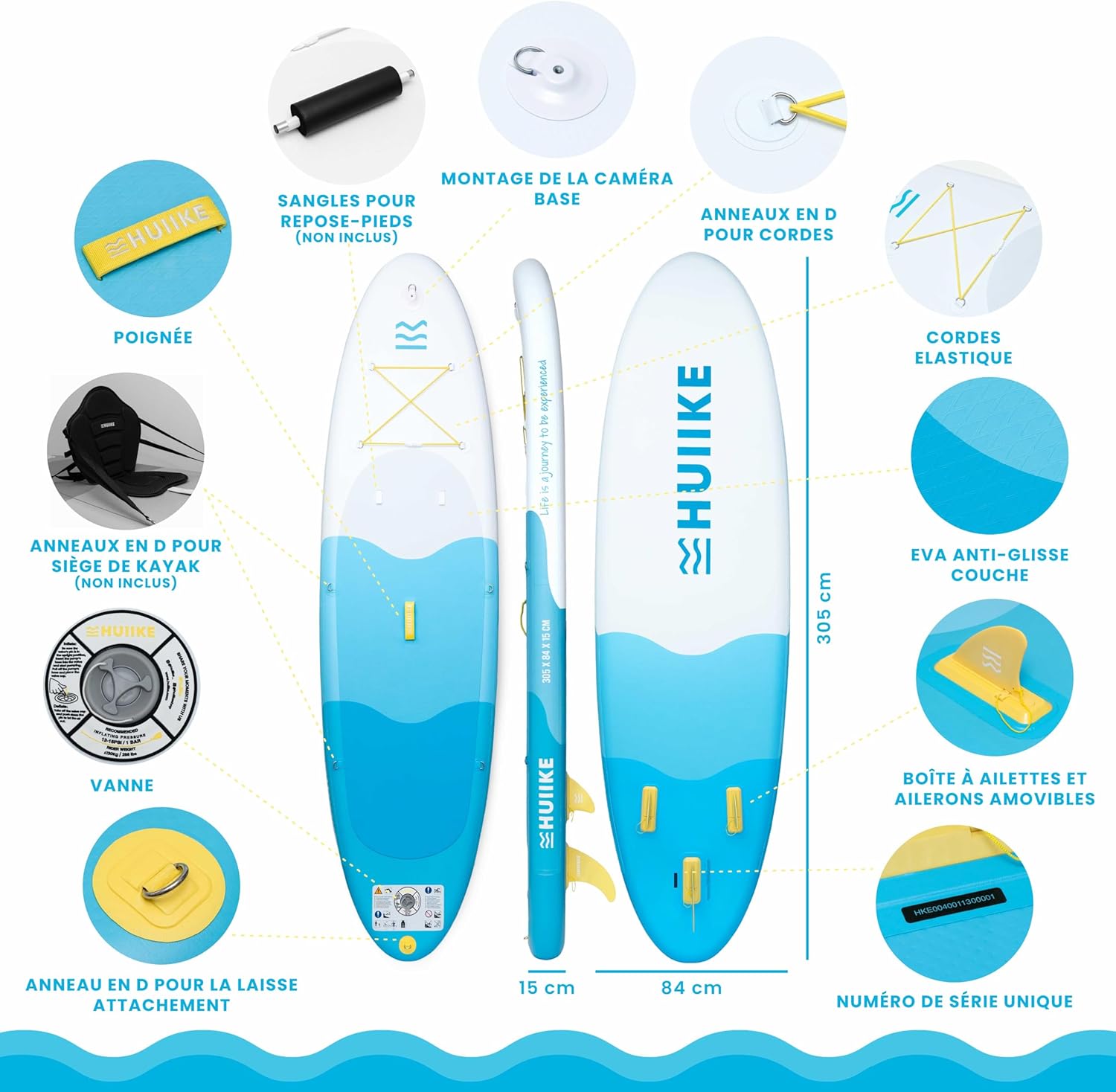 HUIIKE - Paddle gonflable adulte - 305x84x15 cm - grande stabilité, accessoires inclus