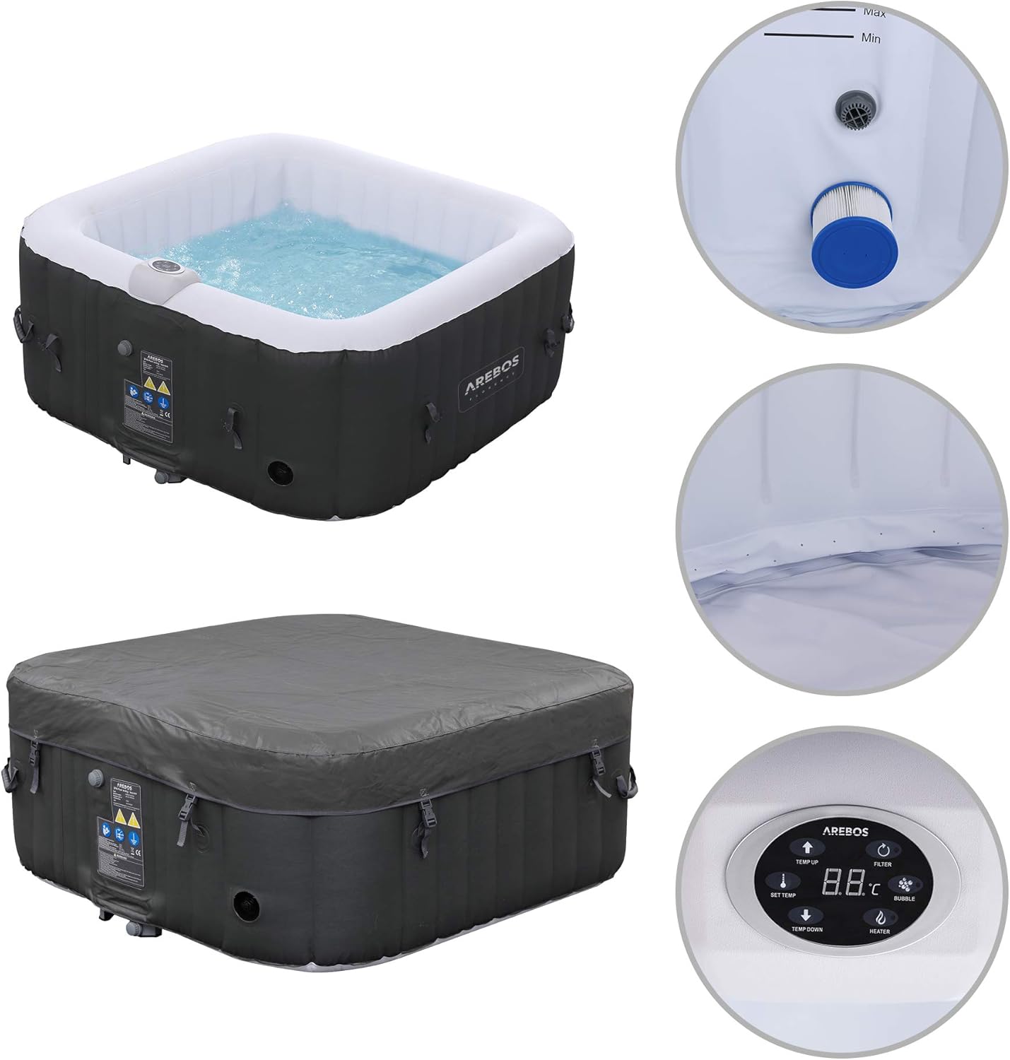 Arebos - Spa gonflable carré 154x154cm - 4 personnes, 100 jets, 600L