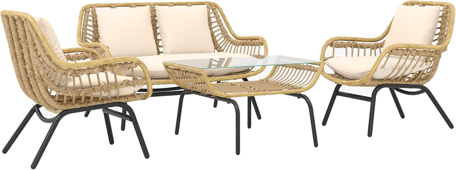 Outsunny - Salon de jardin exotique 4 places, métal/résine, coussins confort, beige
