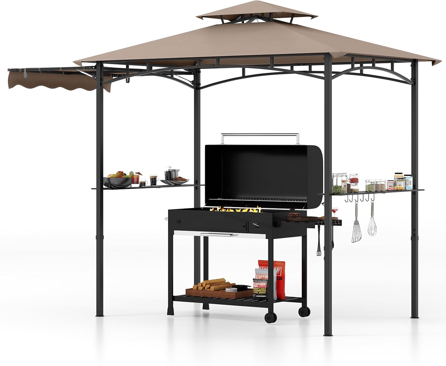 GOPLUS Tonnelle pour Barbecue avec Auvent Latéral, Abri Barbecue Extérieur avec Dessus à 2 Niveaux, Crochets, Décapsuleur, Dessus Souple, pour Jardin, Cour (242+84x153x250CM|Brun)