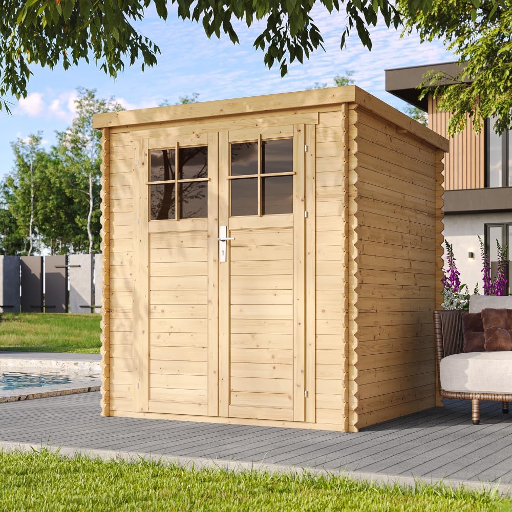 TIMBELA - Abri de jardin avec sol, 204x204x200 cm, bois traité, porte sécurisée, toit étanche M309F+M309G