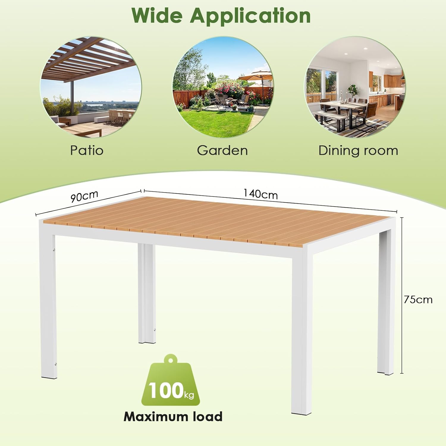 LIFERUN - Grande table de jardin - 140x90x75 cm - aluminium, plateau WPC, pour 6 personnes, résistante intempéries