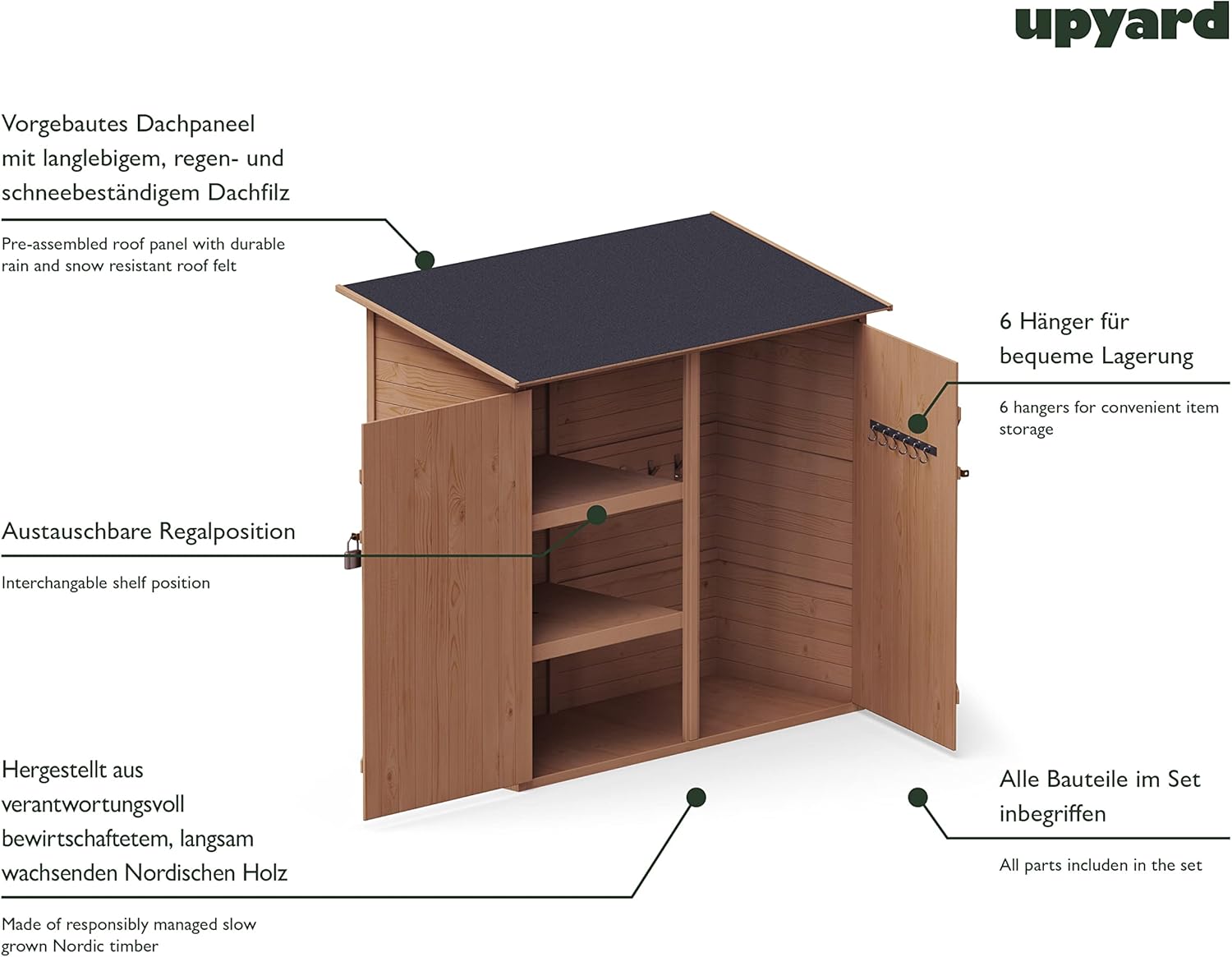 Upyard Abri de Jardin en Bois Naturel - Cabine de Rangement Extérieur - Cabane à Outils avec Système D'étagères 149x78x164 cm, Imprégné