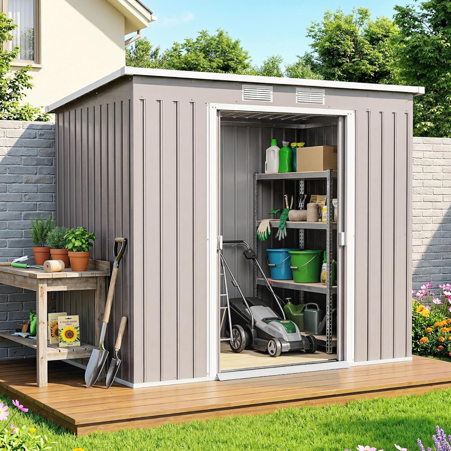 Outsunny - abri de jardin métal toit appentis - 213x130x172cm - double porte, ventilation, cadre sol, verrouillable