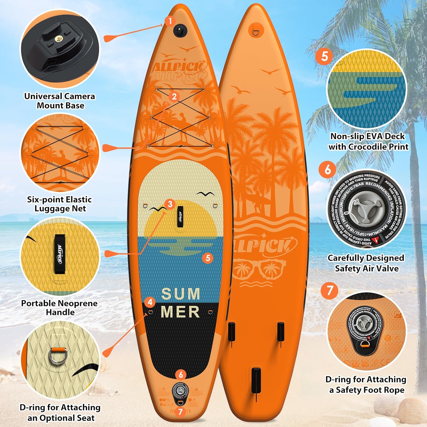 ALLPICK - Paddle gonflable 320 cm - caméra, pagaie réglable, 200 kg
