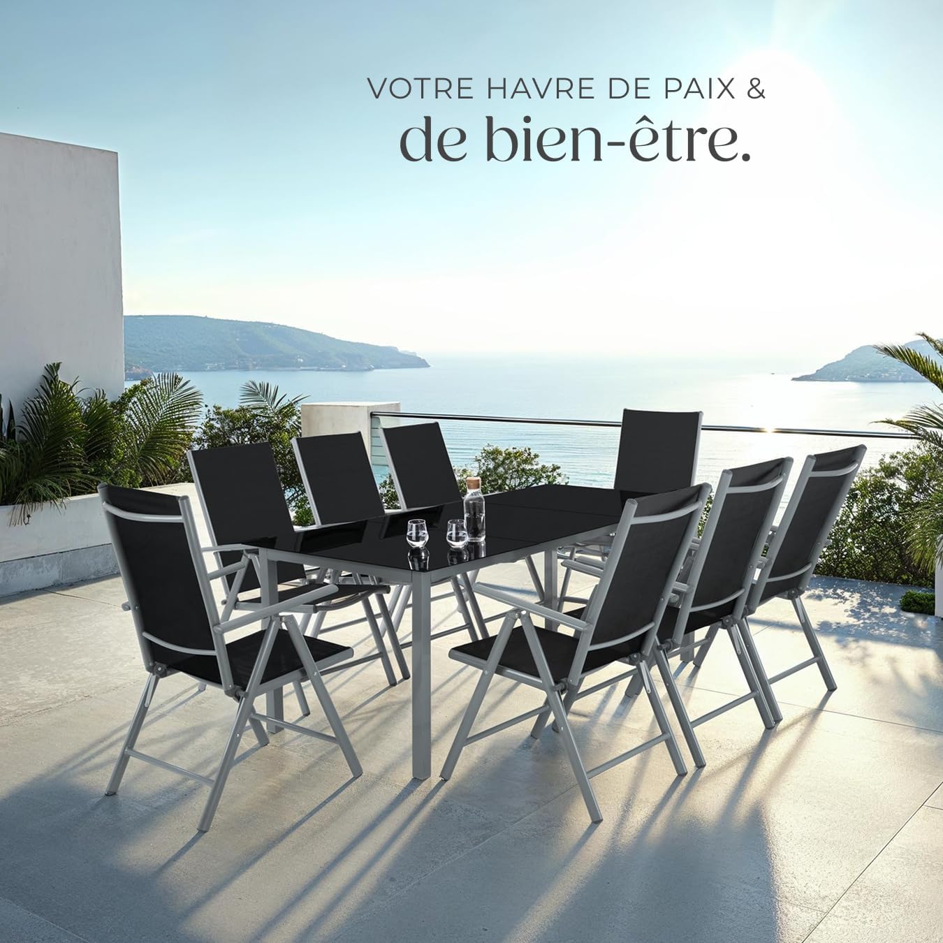tectake - Salon de jardin aluminium, 8 fauteuils pliables, table, facile à entretenir