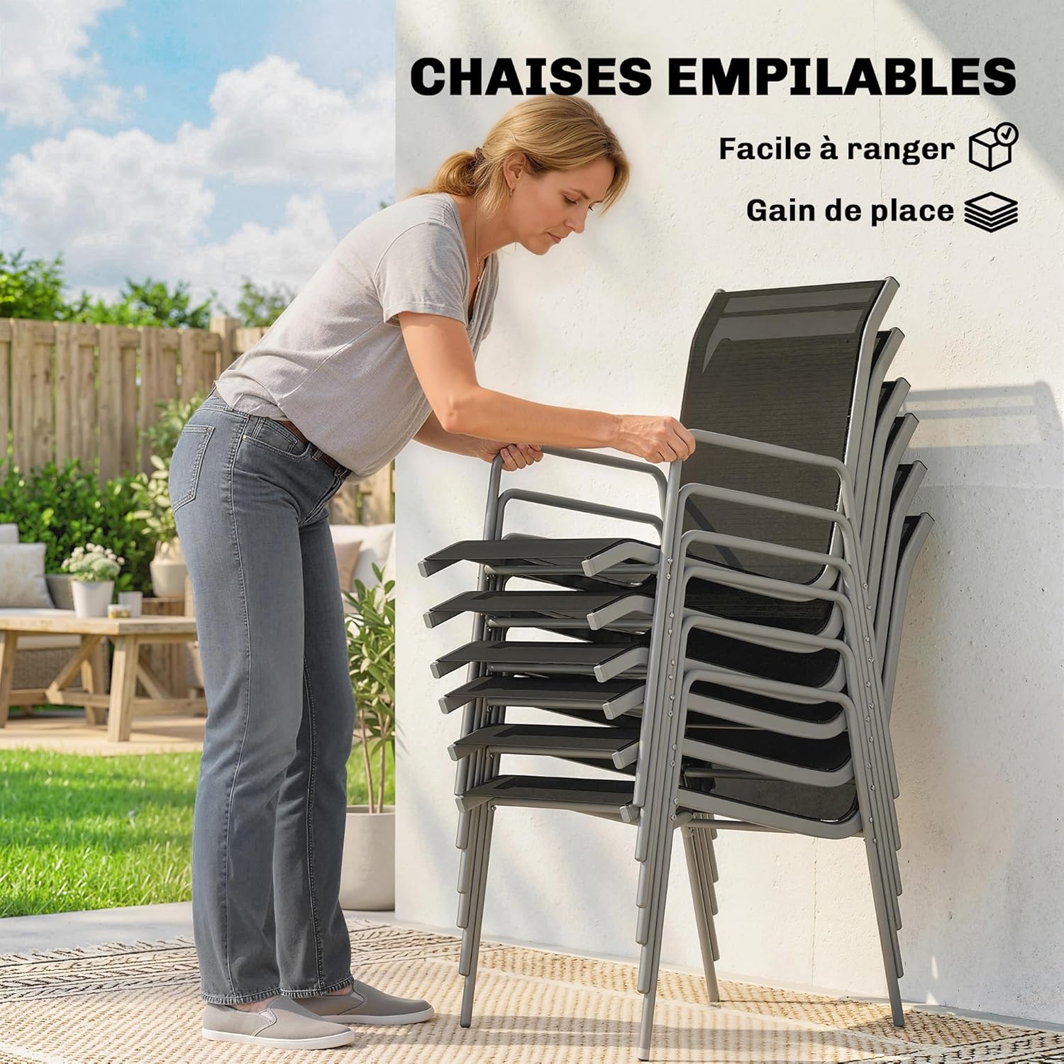 Outsunny - salon jardin 6 personnes - table verre, chaises empilables, textilène, argent