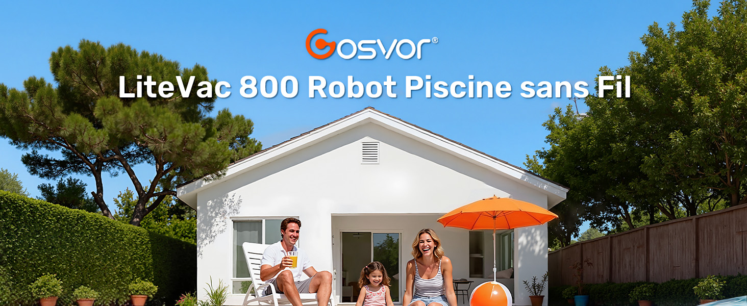 Le texte indique « LiteVac 800 Robot Piscine sans Fil ». Images marketing montrant un robot de nettoyage de piscine avec des composants accessoires et des scénarios d'utilisation.