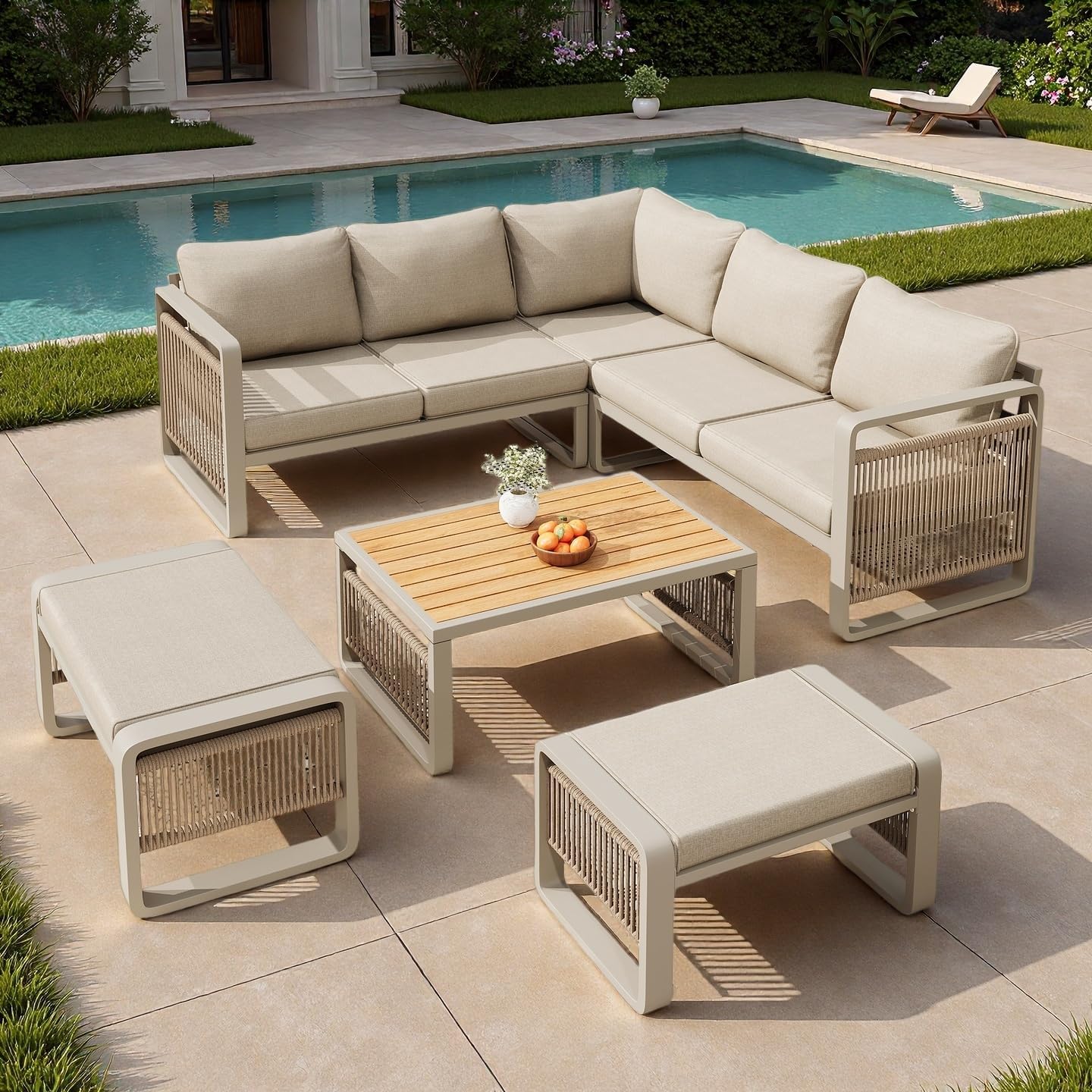 Sapgaks - salon de jardin corde tressée 6/7 pers - coussins moelleux - angle + 2 tabourets + table, pieds réglables - be