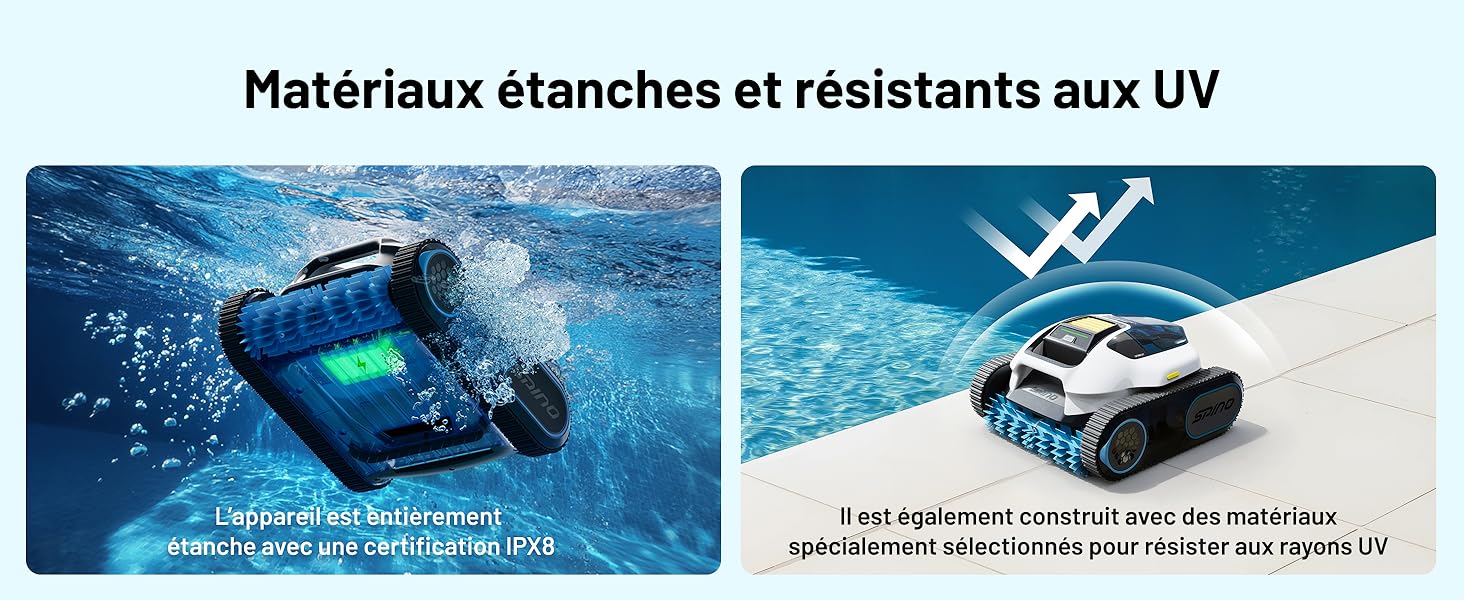 Le texte se lit comme suit : « Matériaux étanches et résistants aux UV ». Deux images de produits montrant un appareil étanche sous l'eau et en plein soleil.
