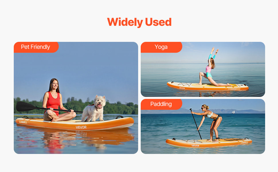 Le texte indique « Largement utilisé ». Trois photos montrant des activités de paddleboard sur des eaux bleues, montrant des paddleboards oranges en cours d'utilisation.