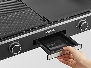 Le texte indique « FOHERE ». Plaque chauffante ou grill électrique avec surface de cuisson nervurée et plateau d'égouttage amovible retiré du panneau avant.