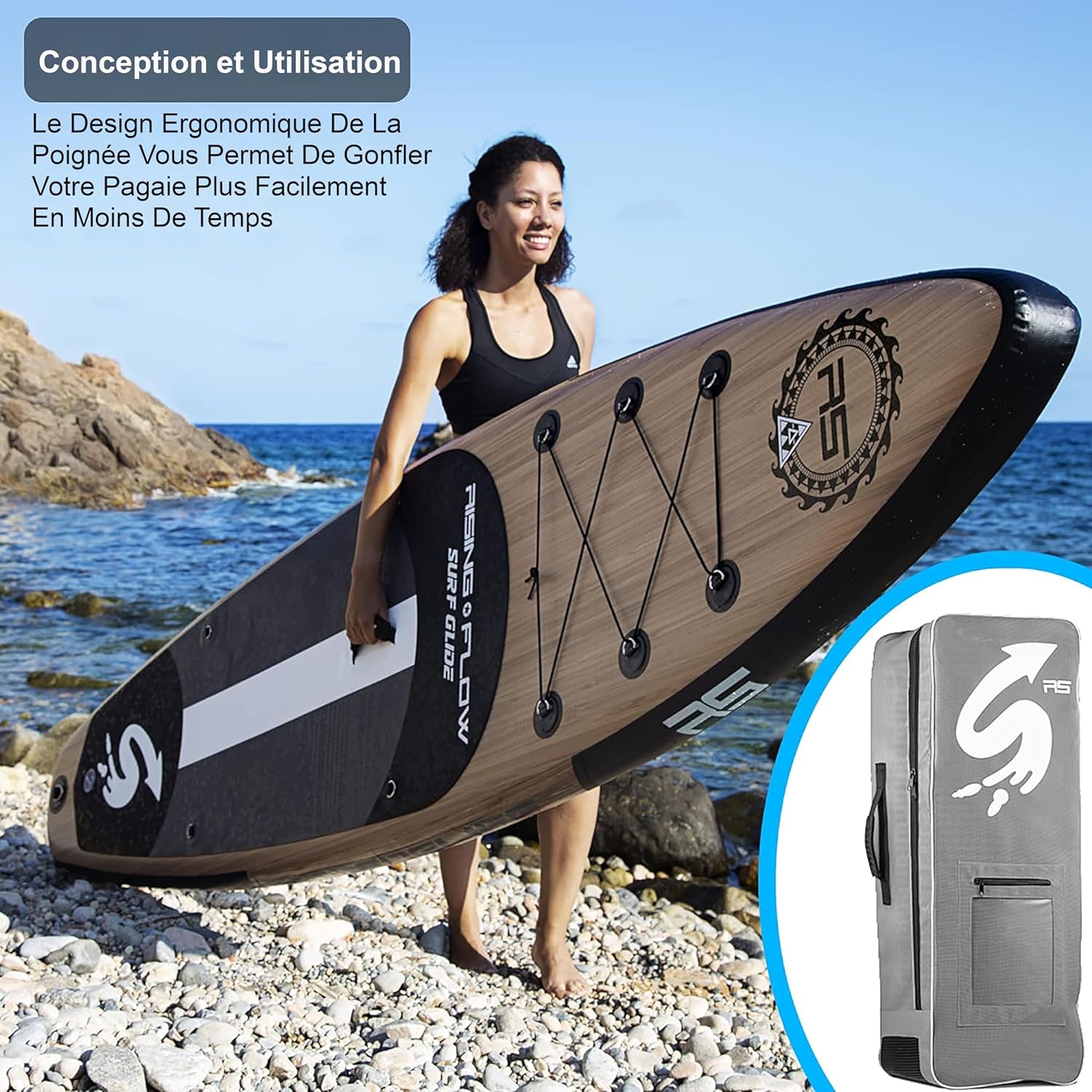 SereneLife Stand Up Paddle Gonflable Adulte 6” – Planche de Paddle avec Accessoires Sup, Sac de Transport, Pont Antidérapant, pour Mer, Lac, Rivière