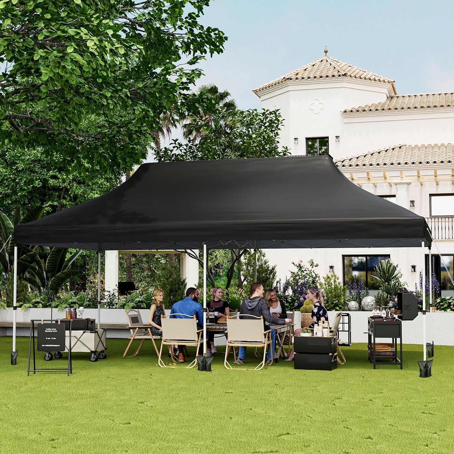 GOPLUS Tonnelle Pliante 3x6m Imperméable, Tonnelle Barnum Pliante 3x6 de Jardin Exterieur, Sac de Transport, Sac Lesté, Pavillon de Jardin Pop-Up pour Fête, Mariage (Noir|sans Bâche)