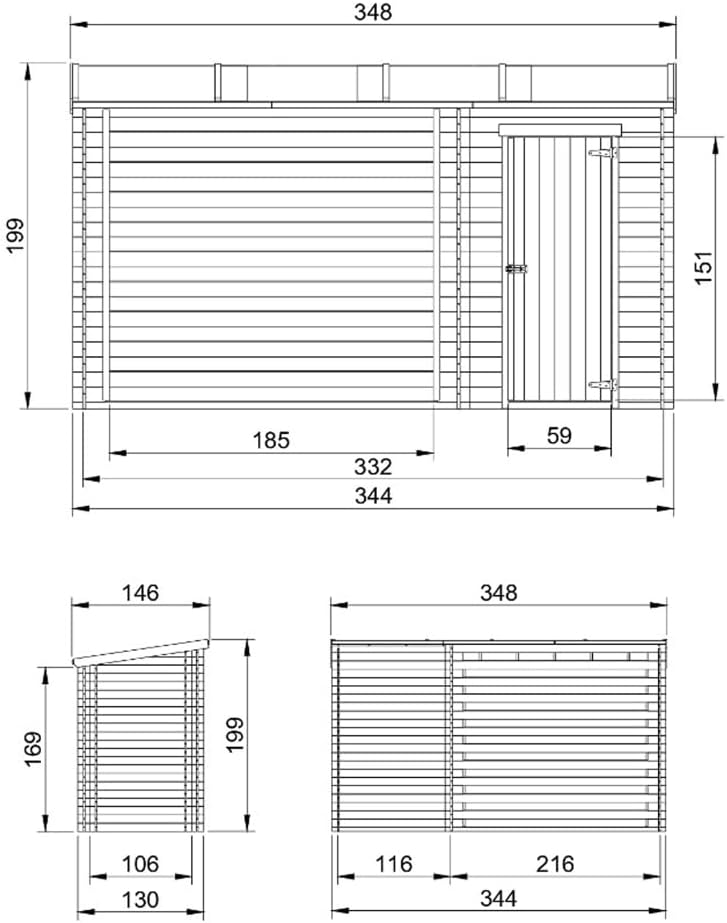 TIMBELA M205 Abri de Jardin+ Chalet pour vélos/Bucher/Abri conteneur - Cabane de Jardin avec Toit Plat - 344 x 130 cm - 2,54 m2+1,1 m2