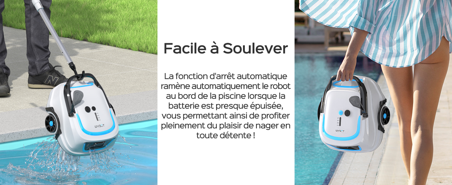 avec texte en français, montrant un appareil pulvérisant de l'eau près du bord de la piscine, mettant en évidence la facilité de levage.