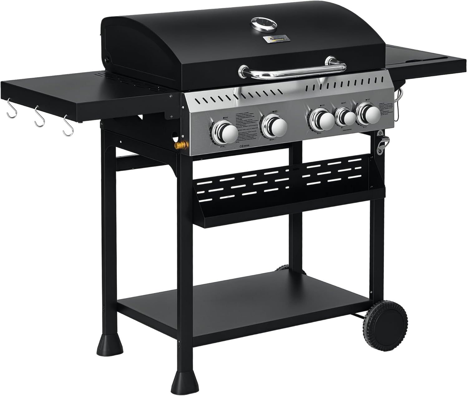 Outsunny - Barbecue gaz 4+1 brûleurs 12,5kW - roulettes, étagères