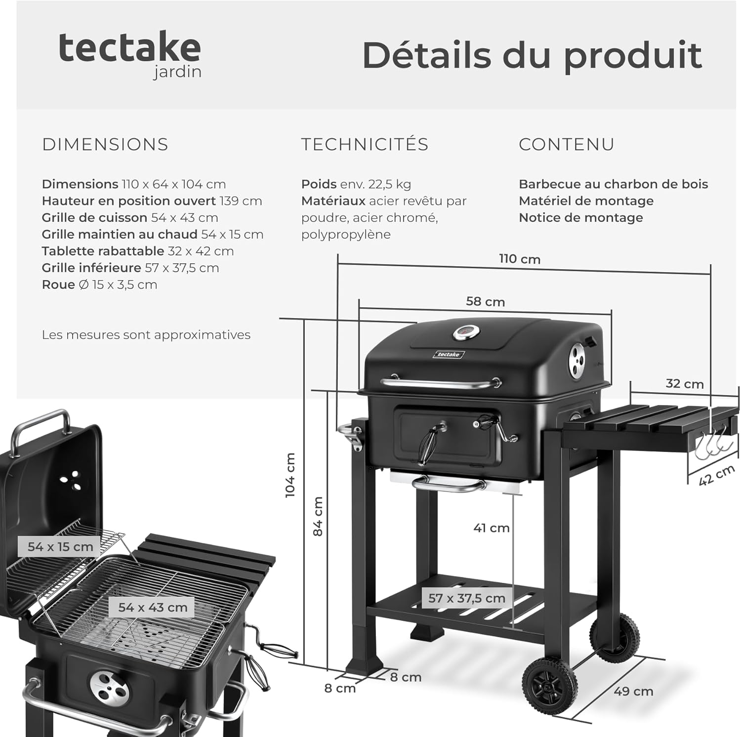 tectake - Barbecue charbon série - 110x64x104 cm, tiroir cendres, hauteur réglable