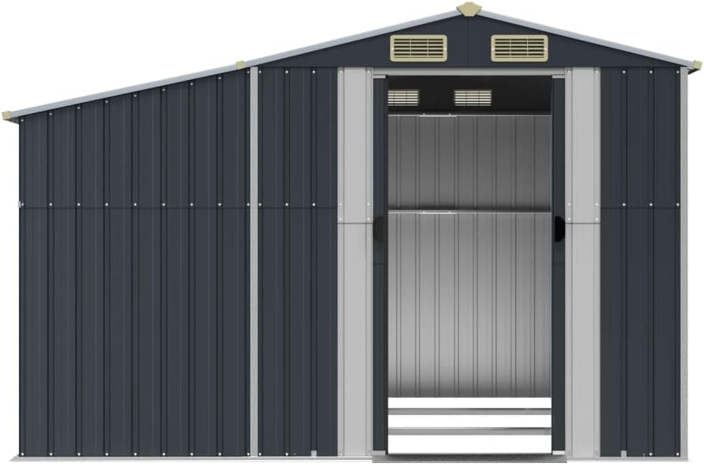 Abri de jardin anthracite 277 x 279 x 179 cm en acier galvanisé avec support pour bois de chauffage et 4 ouvertures d'aération pour outils de jardin et entrepôts
