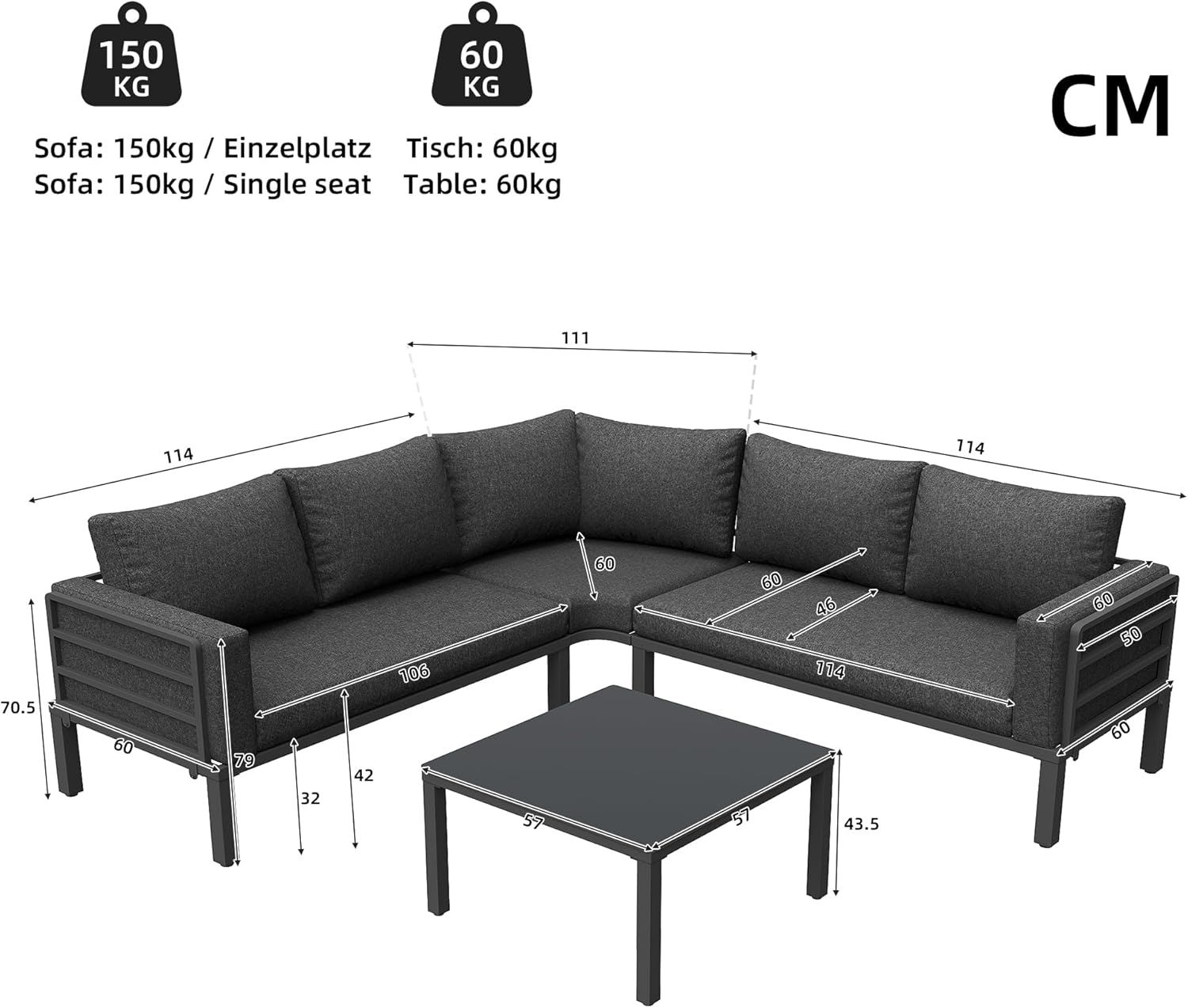 Sapgaks - Salon de jardin D-Gris - 4-5 pers - Fer, verre trempé, coussins, pieds réglables