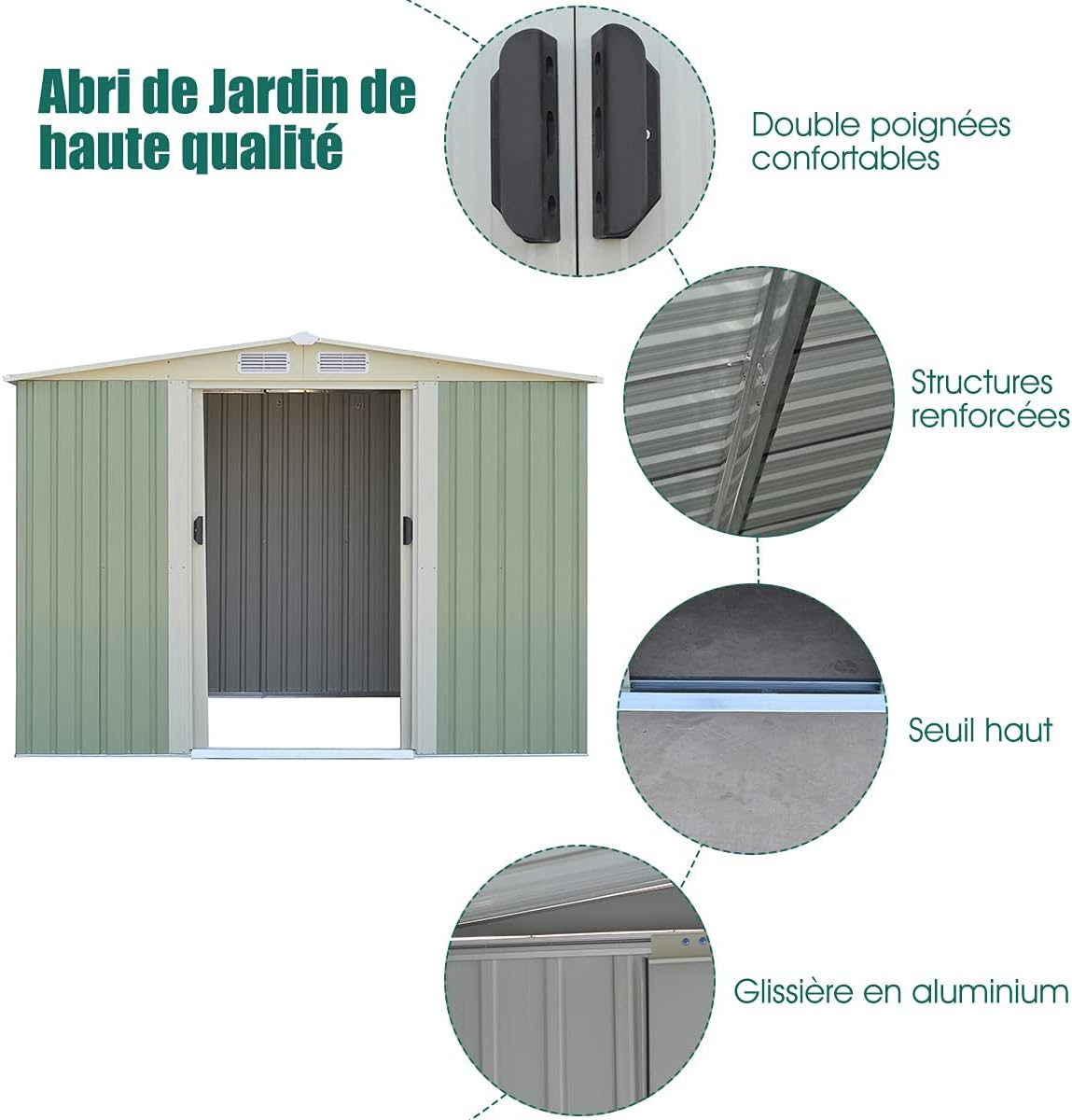 GOPLUS 4,75㎡ Abri de Jardin Métal Galvanisé, Cabine de Jardin Extérieur Portes Coulissantes, Résistant aux Intempéries, 8,34m³, Cabane de Rangement à Outils, 205 x 257 x 175 cm, Vert