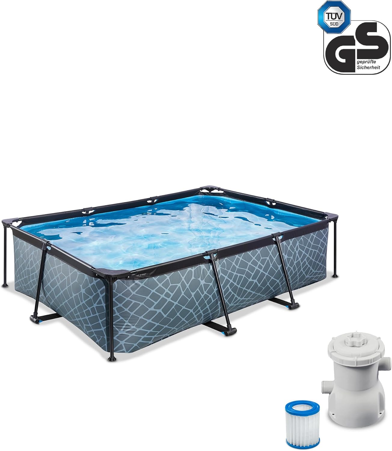 EXIT TOYS Piscine Tubulaire Stone - 220x150x65cm - Piscine Hors Sol Rectangulaire avec Pompe Filtrante à Cartouche - Entrée Basse - Idéal pour Les Jeunes Enfants - Cadre Stable - Design Unique - Gris