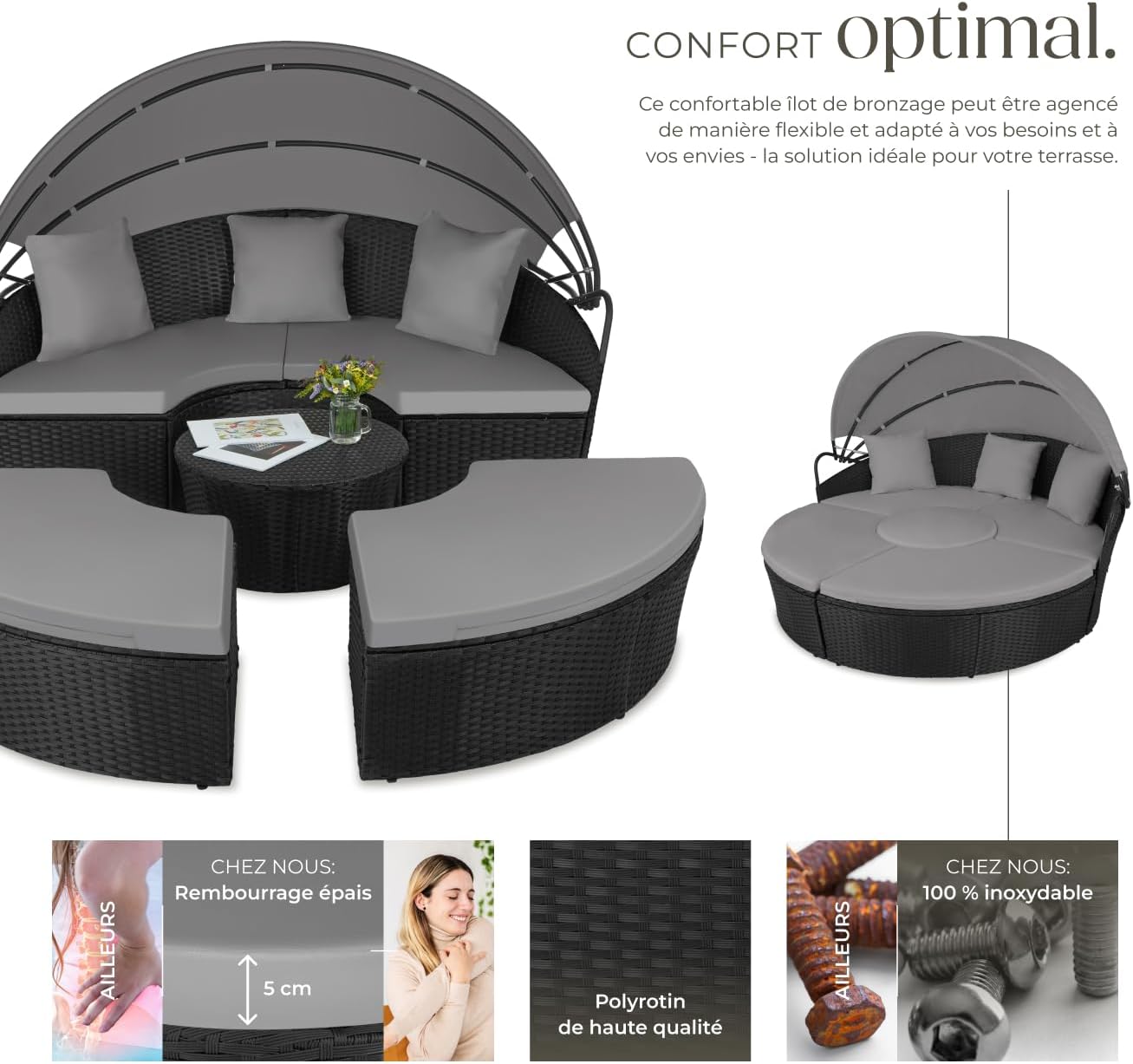 tectake - Bain de soleil modulable résine tressée, coussins, pare-soleil, dimensions relax pour jardin terrasse