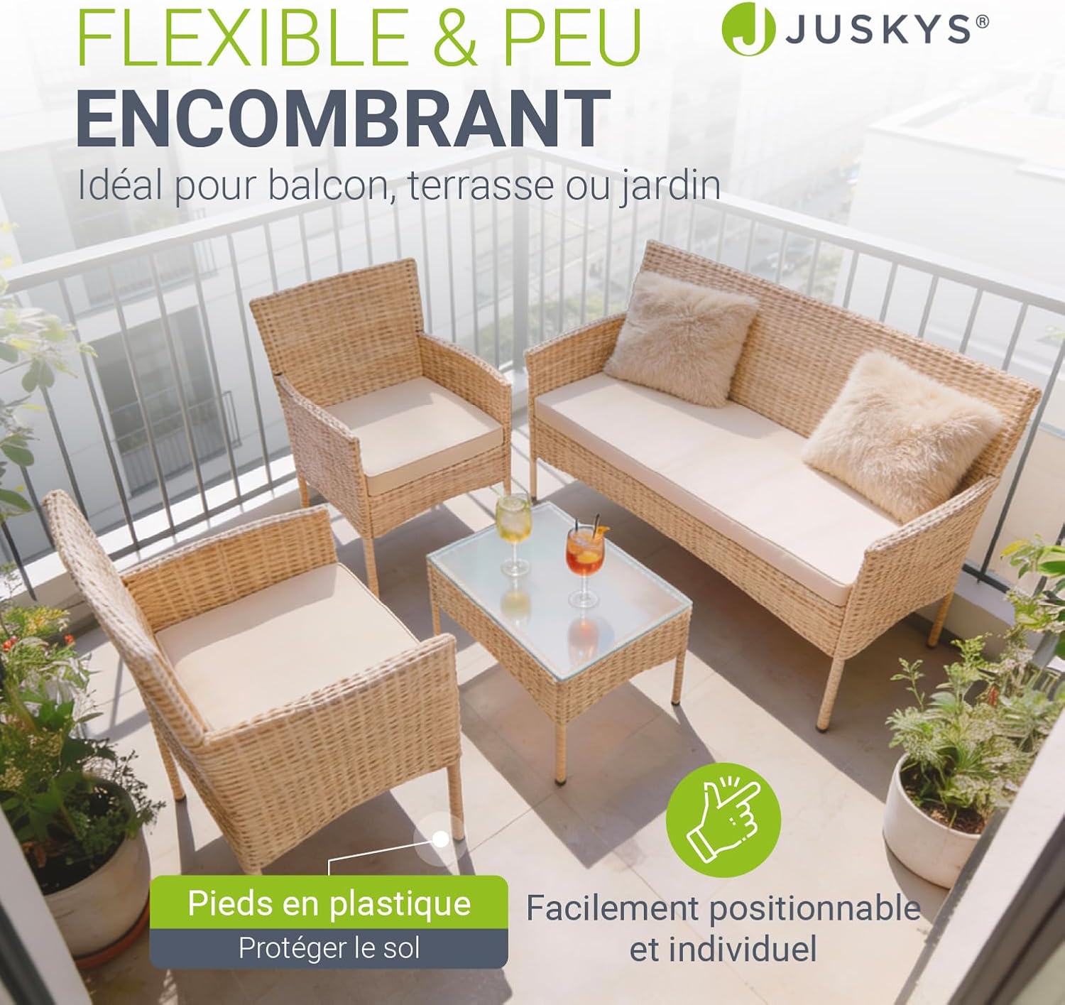 Juskys - Fort Myers - ensemble 4 places en résine tressée, canapé 2 places, fauteuils, table, coussins, mobilier extérie