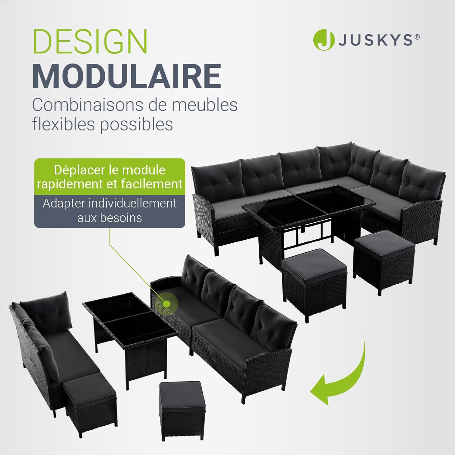 Juskys - Manacor Lounge 7 places, polyrotin noir, table, tabourets, coussins gris