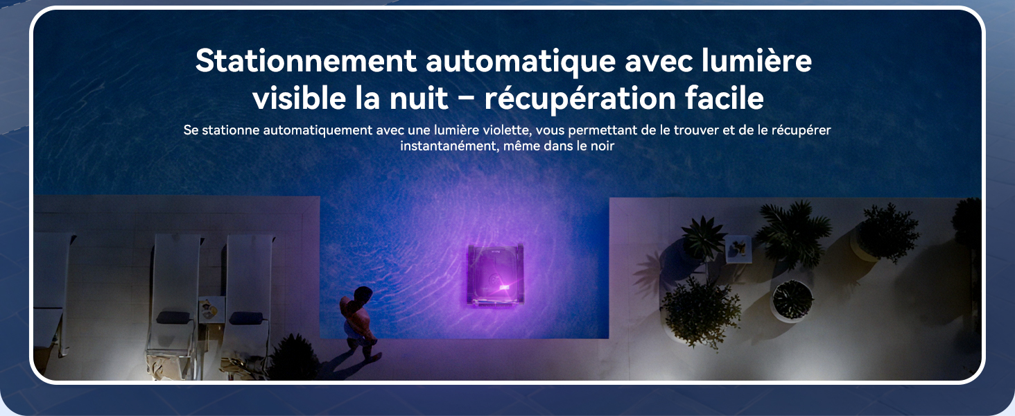 Le texte indique « Stationnement automatique avec lumière ». Scène de vision nocturne montrant un système d'aide au stationnement automatique avec guidage éclairé dans un environnement sombre.