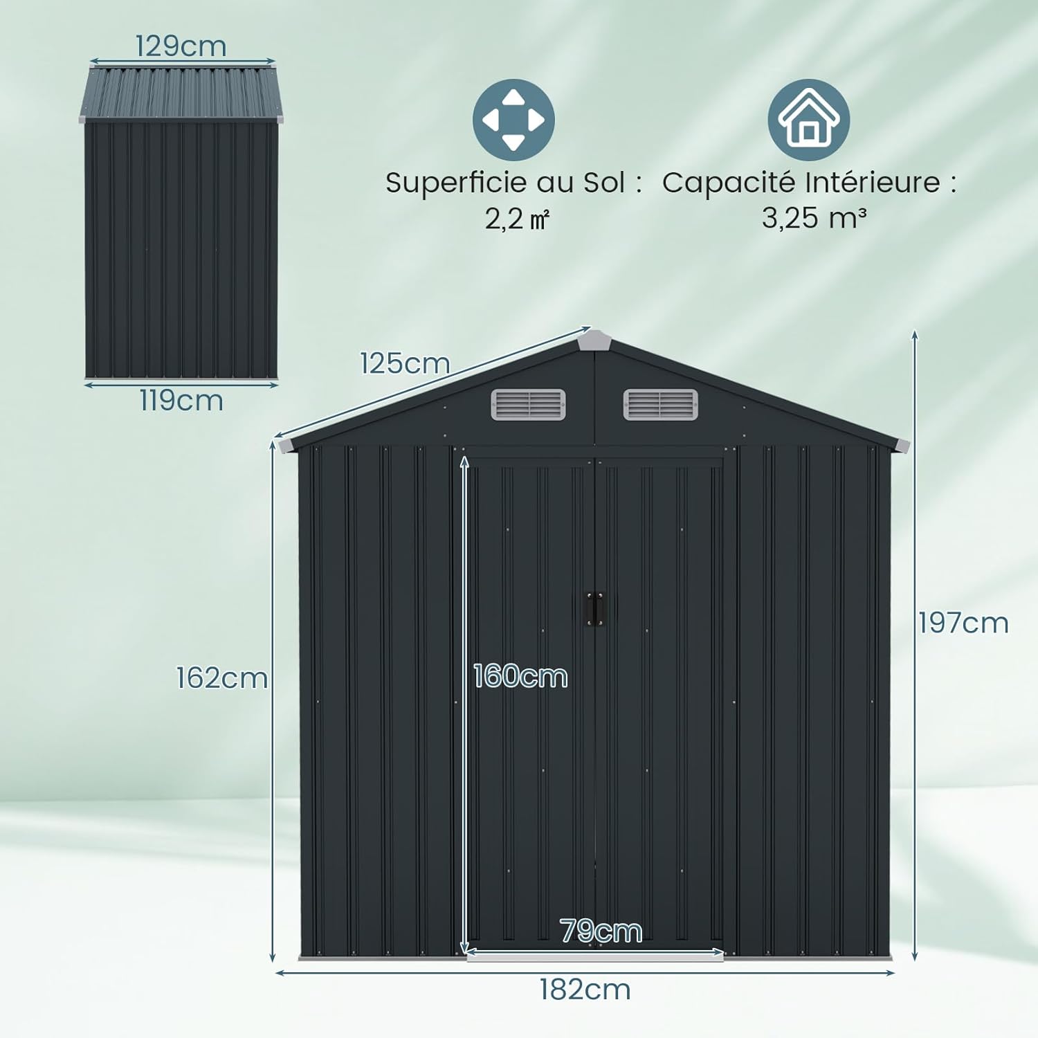 COSTWAY - Abri de Jardin métal 2,2㎡ - portes coulissantes, toit pente