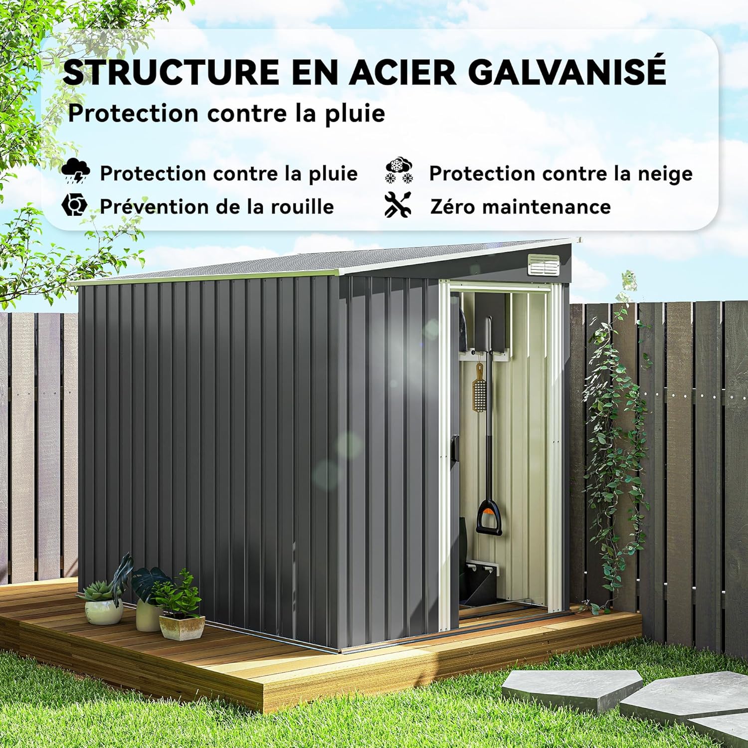 Outsunny - abri de jardin métal série fondation - 154x206,5x181 cm - toit incliné, 2 étagères, gris