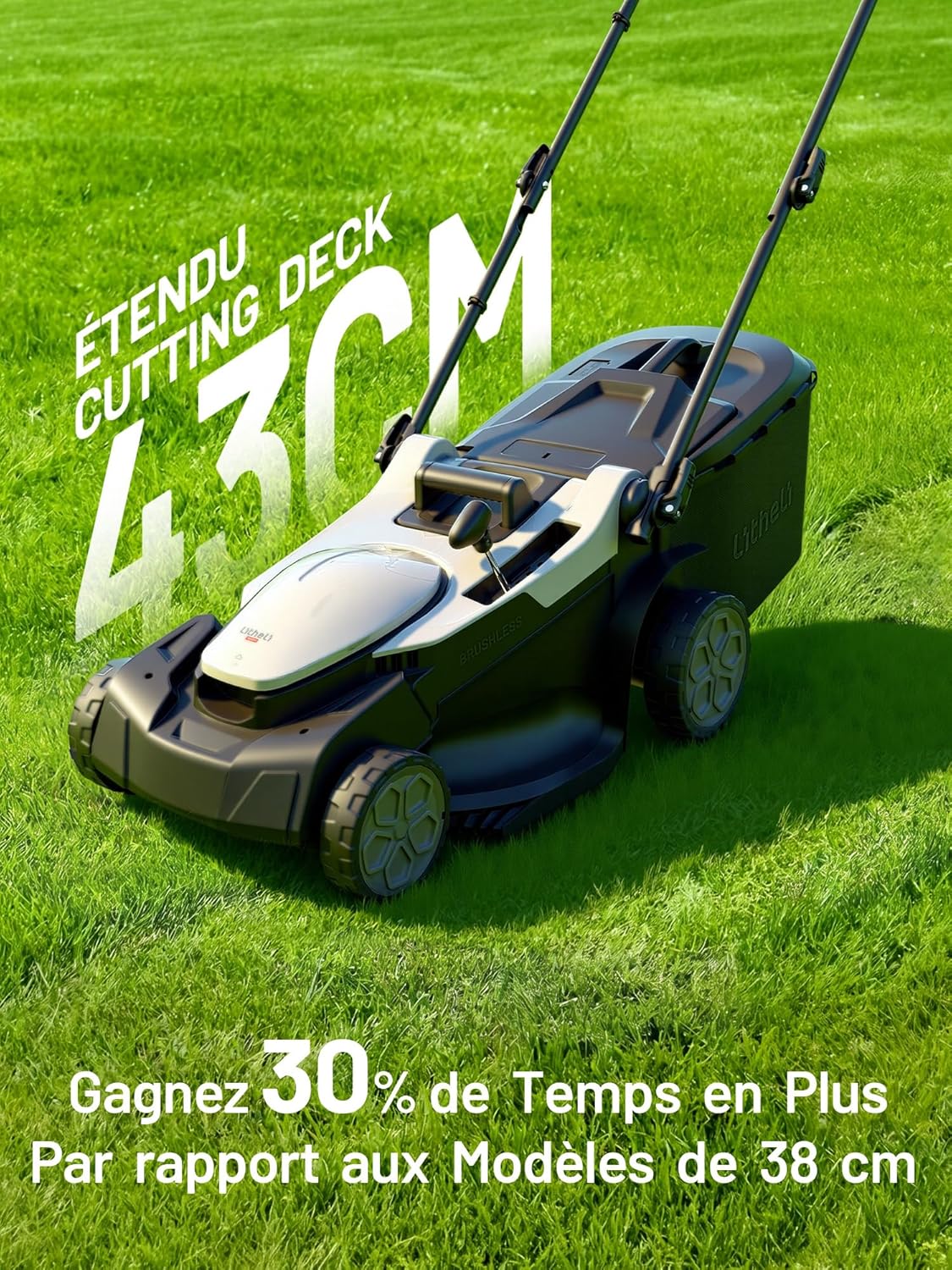 Litheli - Tondeuse Brushless 43cm, 2x20V/4.0Ah, réglable, bac 40L, jusqu'à 500m²