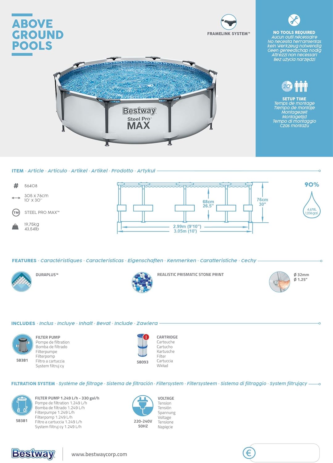 Bestway - Steel Pro Max Frame - Ø305x76cm - piscine avec pompe à filtre