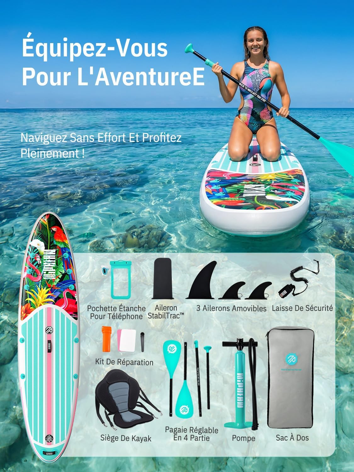 Niphean Paddle Gonflable Adulte avec Tous Les Accessoires, 320cm Planches de Stand Up Paddle Gonflables pour Tous Les Niveaux, Sup avec Capacité 200 kg pour 2 Personnes, Paddle Gonflable avec Siège
