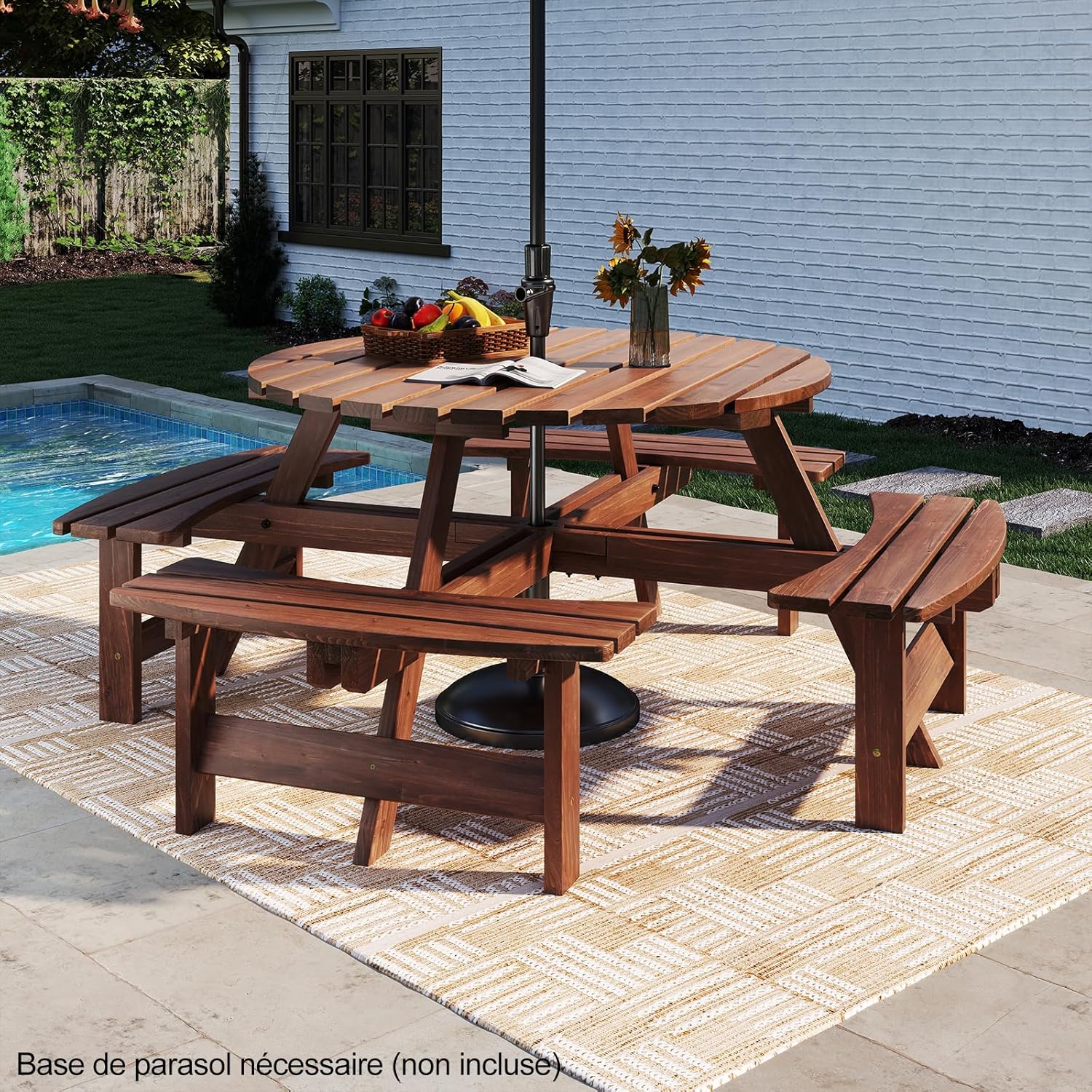 GOPLUS - Table pique-nique ronde 8 places - 4 bancs intégrés, parasol 5cm, marron, 100+250kg