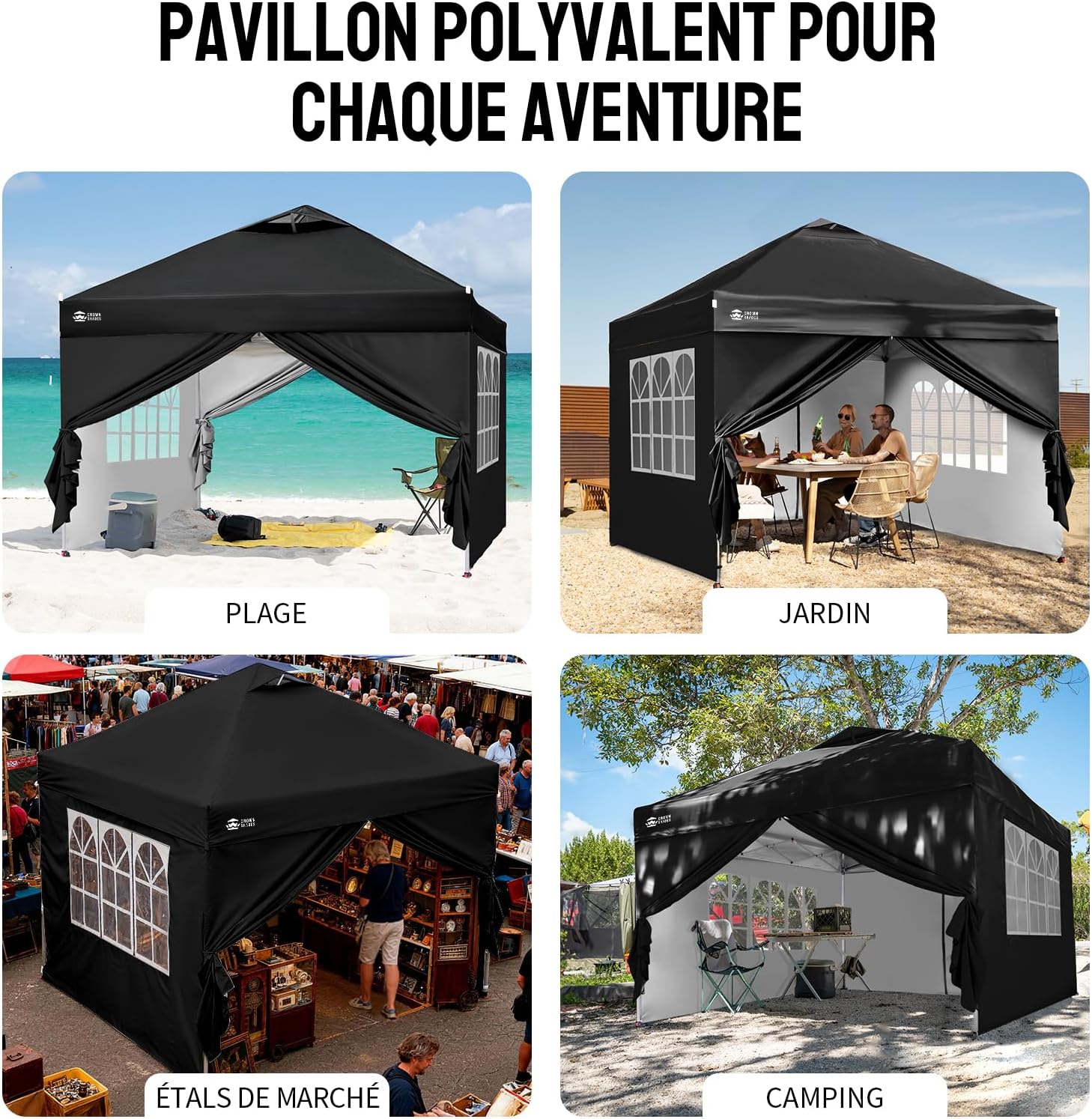Crown Shades - Tonnelle pliante 3x3m imperméable, P/Pop-Up, 4 parois amovibles, Sac, UPF 50+ - CN0032
