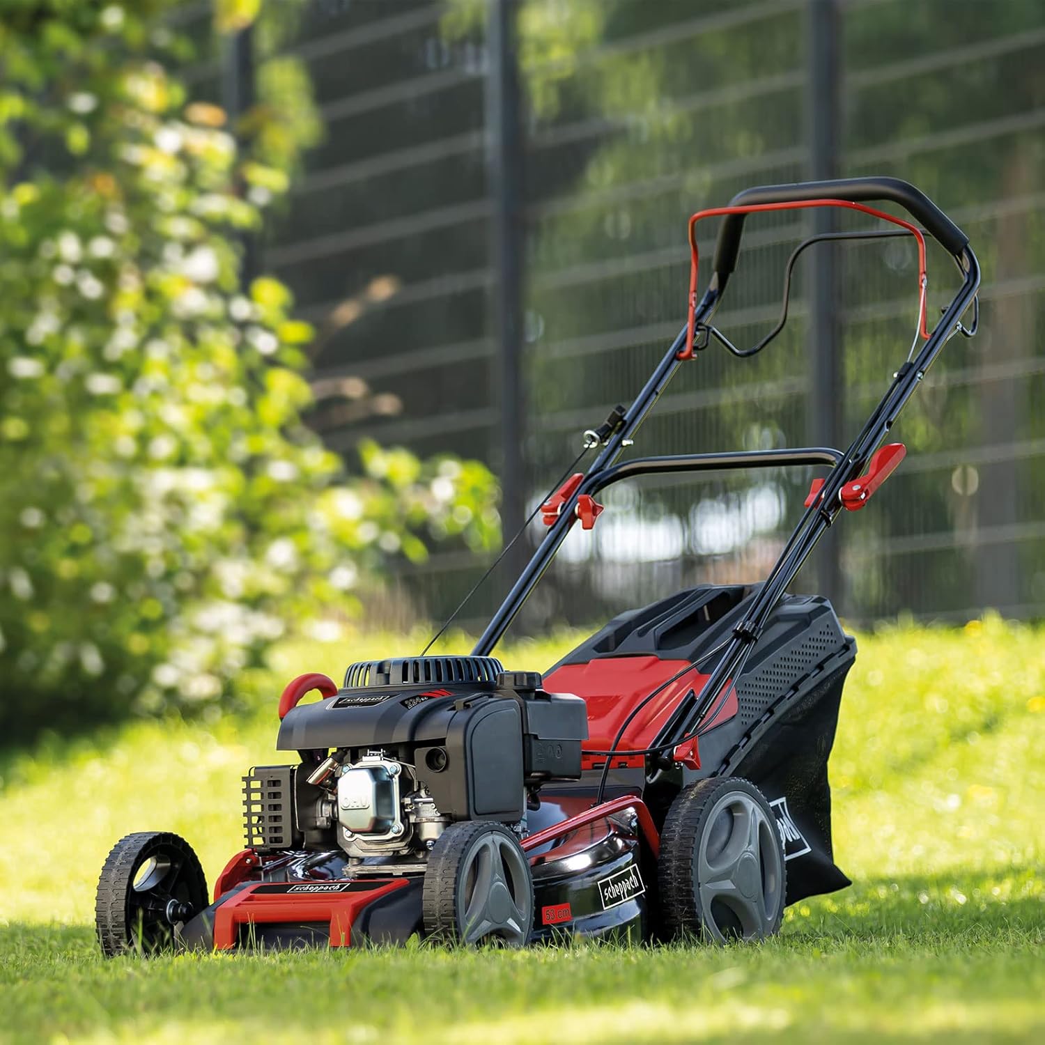 Scheppach - MS225-53 - tondeuse thermique autotractée 53 cm, 6 CV, réglage hauteur, mulching, 65L