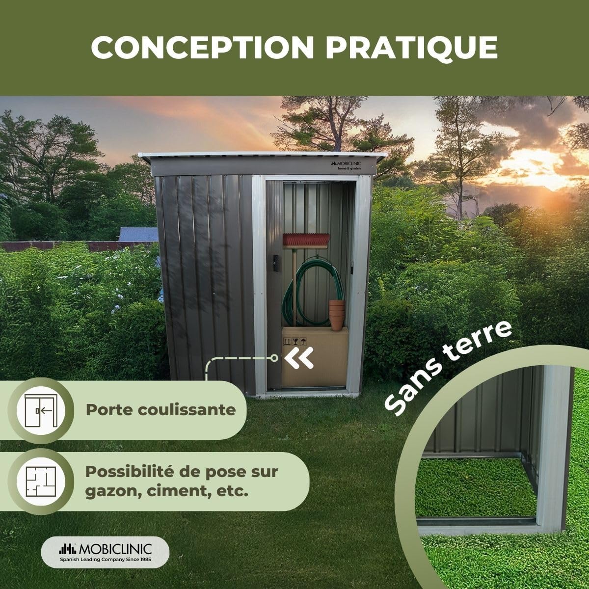 Mobiclinic - Nomi - 150x75x181 cm - abri jardin, porte coulissante, toit pentu, sécurisable, gris