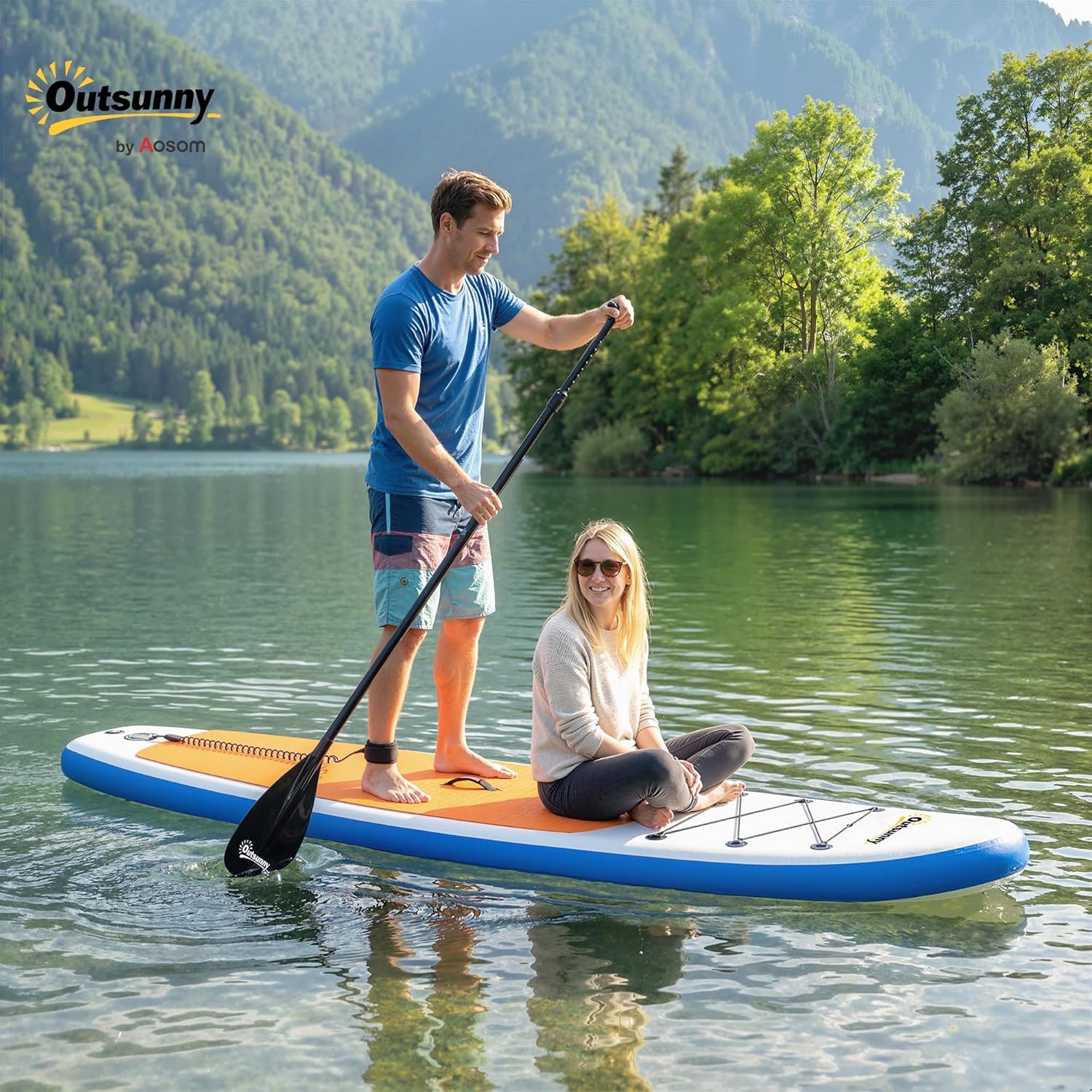 Outsunny Planche de stand up paddle gonflable de 305 cm avec pagaie réglable en aluminium, aileron amovible, dragonne antidérapante, accessoires pour sac à dos, 150 kg, pour adultes