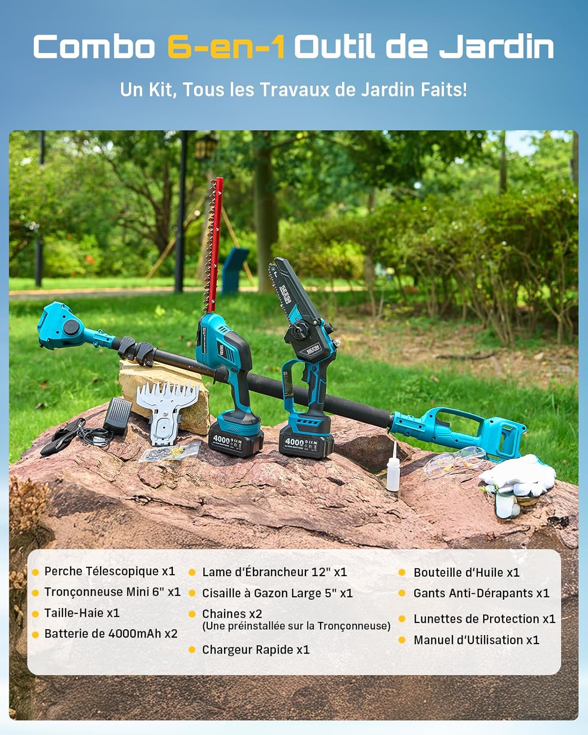 SEESII 6-en-1 Mini Tronçonneuse & Taille-haie, avec 2 * 4000mAh Batteries, Tronconneuse Electrique à Perche Télescopique, Portée Maximale Jusqu'à 4,57m, à 30 ML Bouteille d'huile