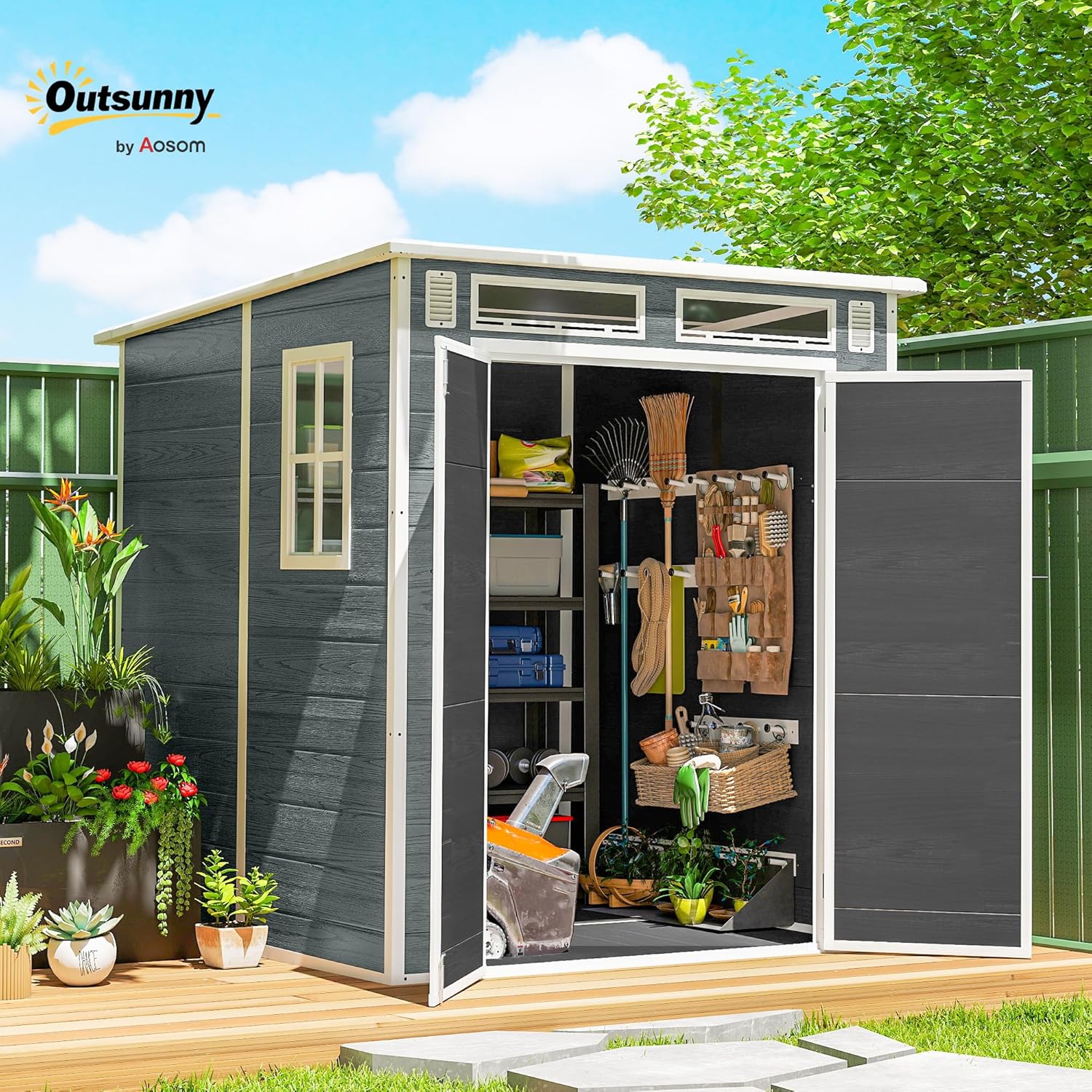 Outsunny - abri de jardin résine 3,3m² double porte, fenêtres, plancher