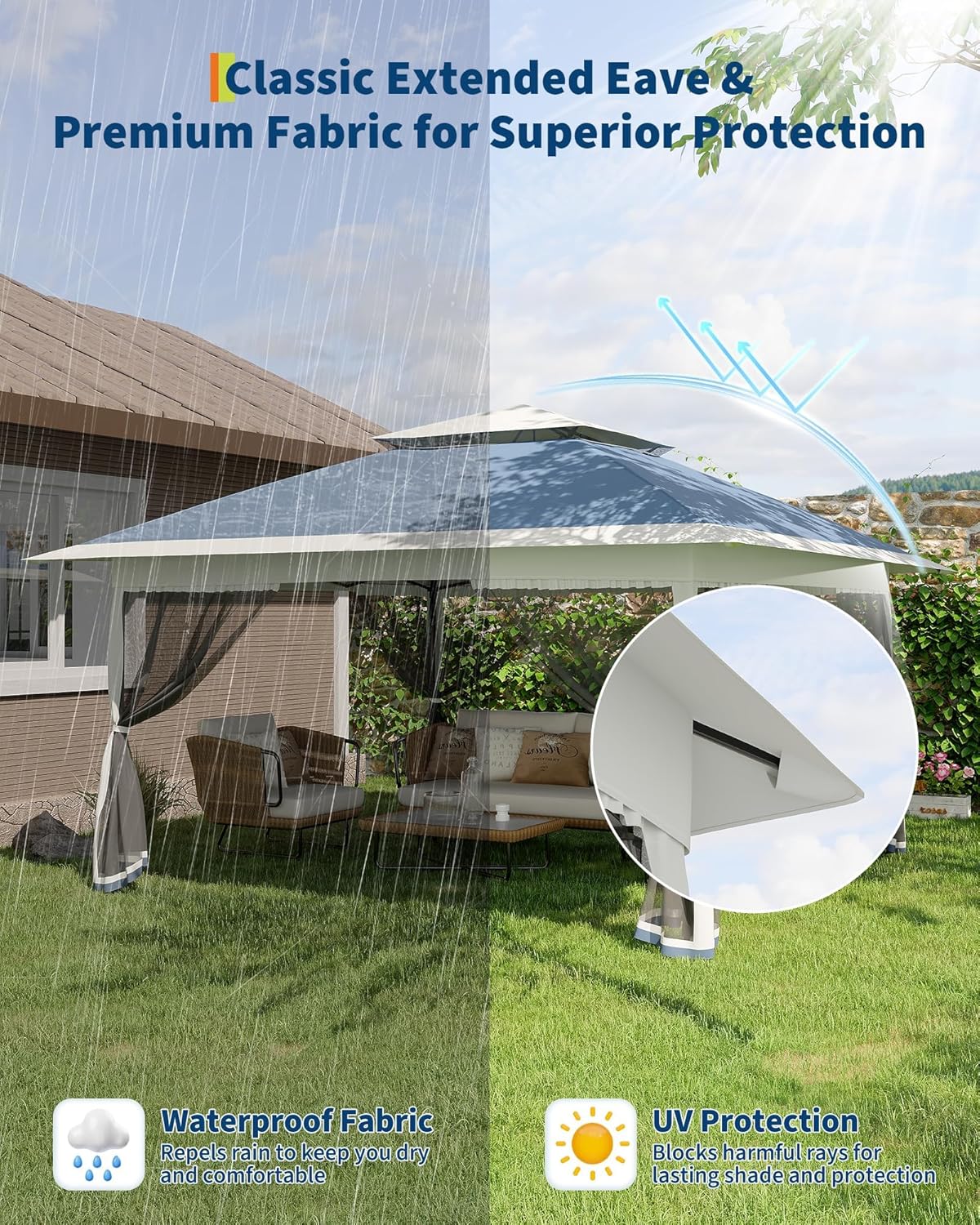 Garvee - Tonnelle pliante série One-Push - 3x3m - anti-moustiques, imperméable, hauteur réglable, UV, bleu marine