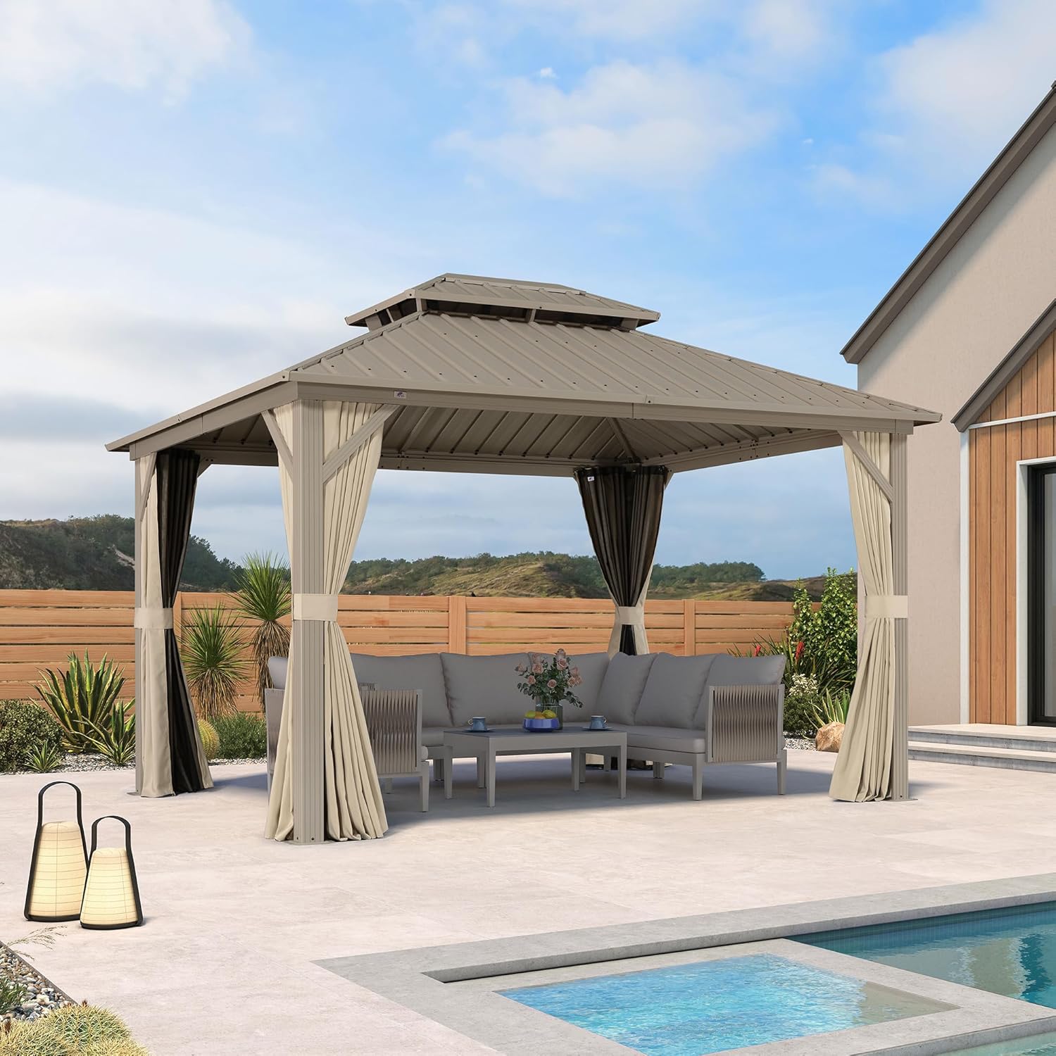PURPLE LEAF - pergola aluminium - 3,65x3m - double toit, moustiquaire, rideaux