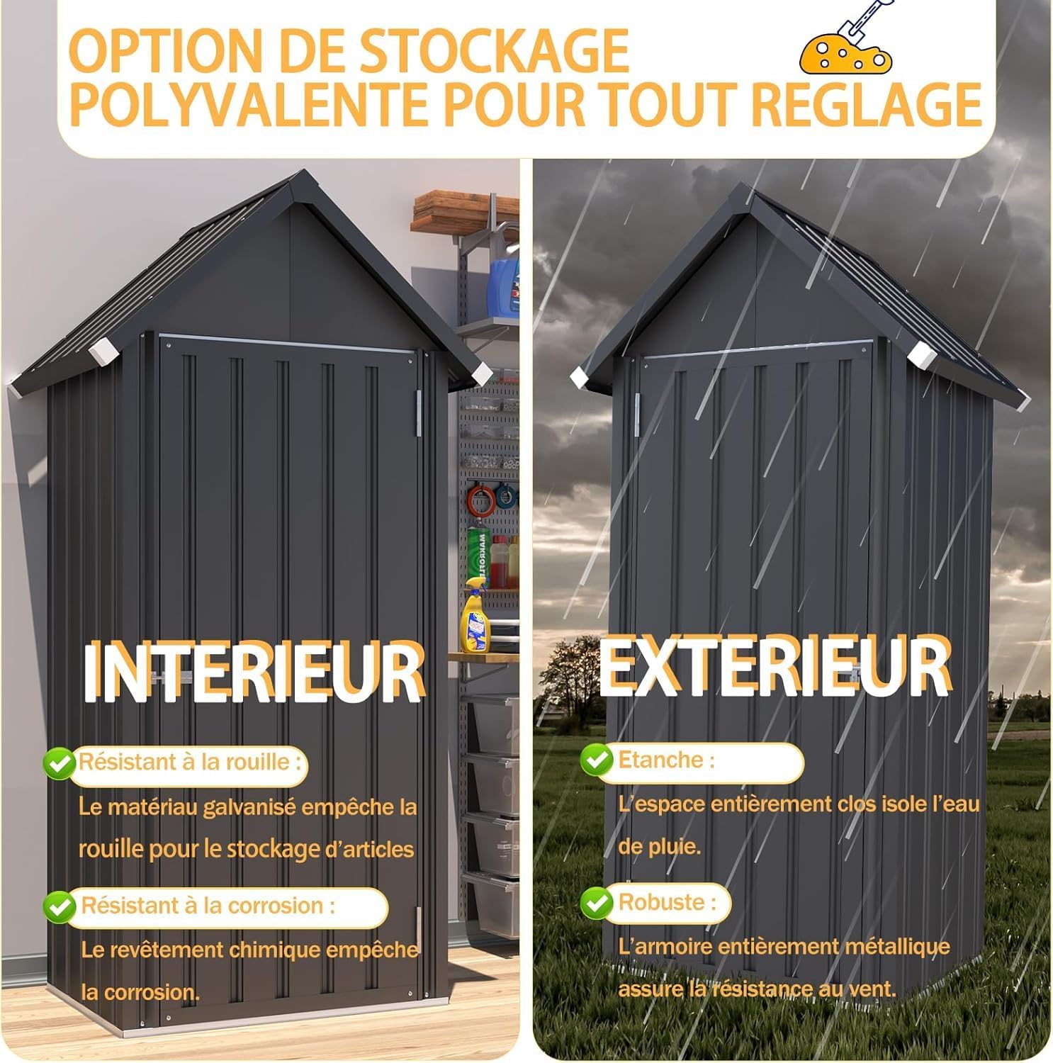 YODOLLA Abri de Jardin Métal, Cabane de Rangement Tout Climat, Résistant aux Intempéries (Pluie, Vent, Soleil)， Porte Fermeture Sécurisée et 3 Étagères Amovibles, 76x55x178cm, Gris foncé