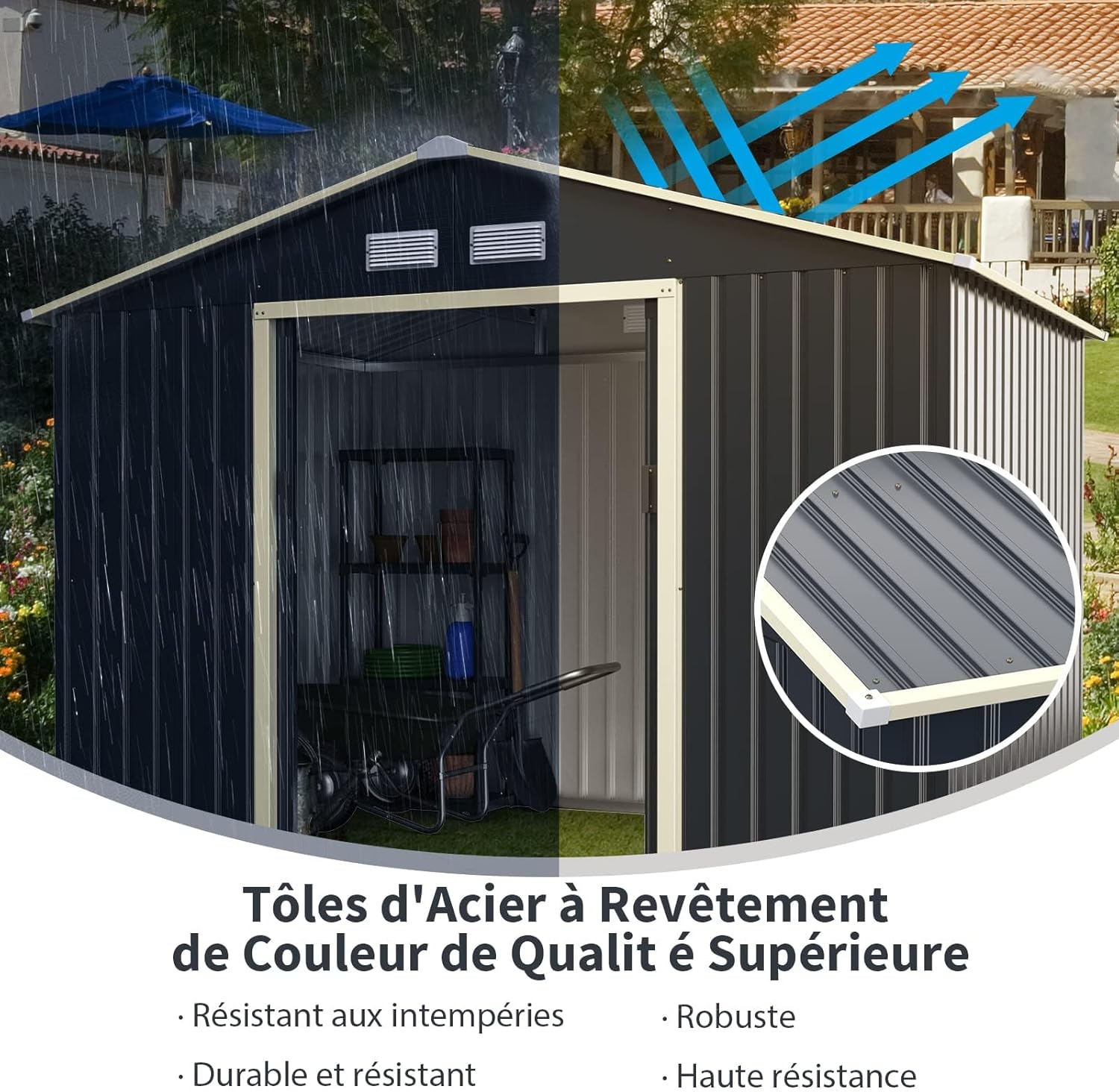 RELAX4LIFE - Abri de jardin métal - 340x255x210cm - porte coulissante, toit pente, extérieur, résistant - KX7177KV+FR