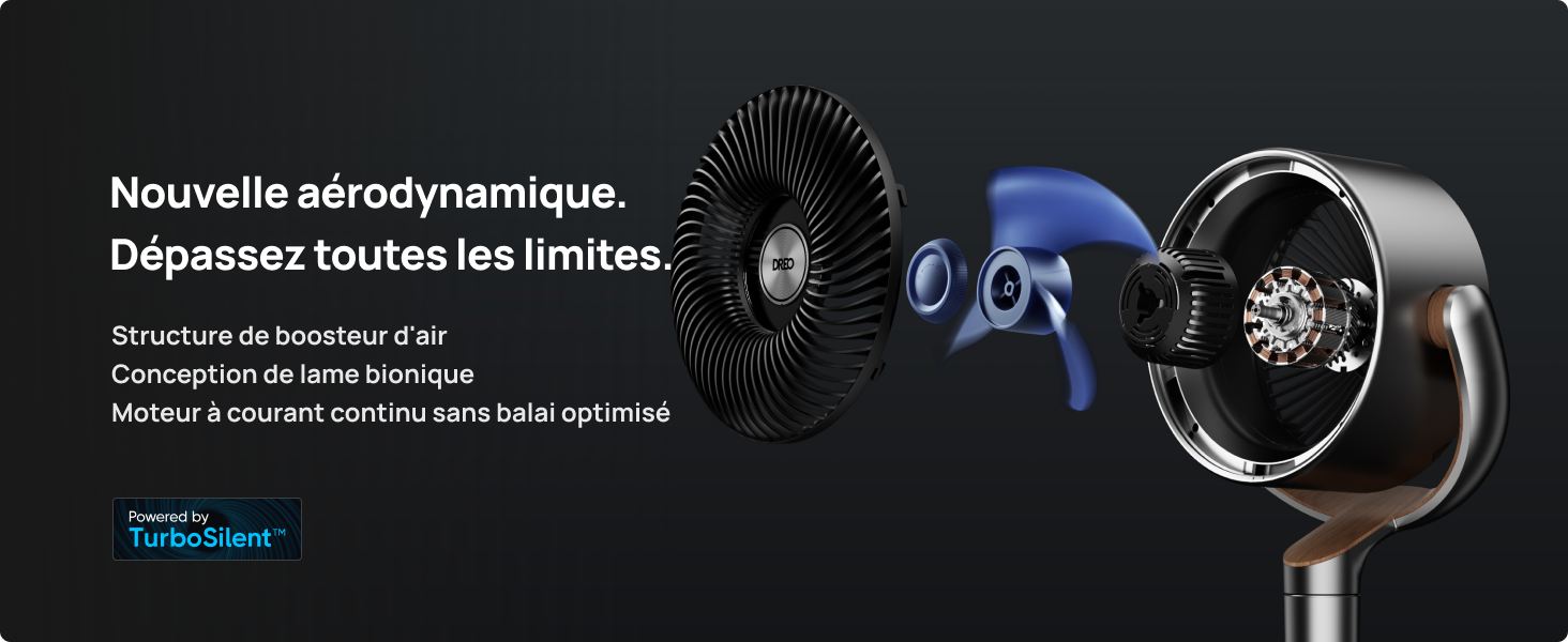 Vue éclatée d'un ventilateur sans pales montrant les composants internes, y compris le moteur et la structure du flux d'air sur fond sombre. Le texte français décrit la nouvelle aérodynamique
